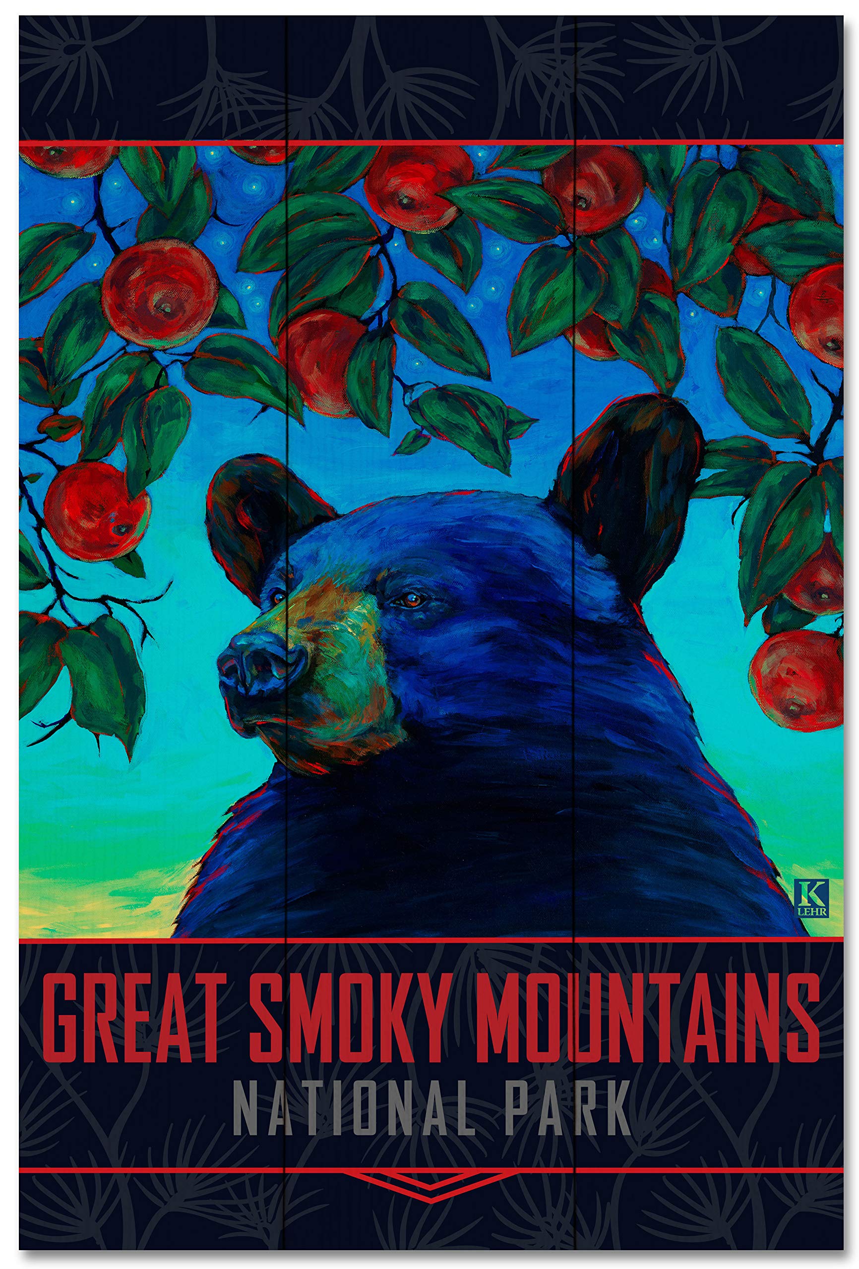 Kari Lehr Oil Painting Print - Great Smoky Mountains Apple Black Bear Wood Art, 24x36 Inches, Perfect for Cabin Decor & Nature Lovers