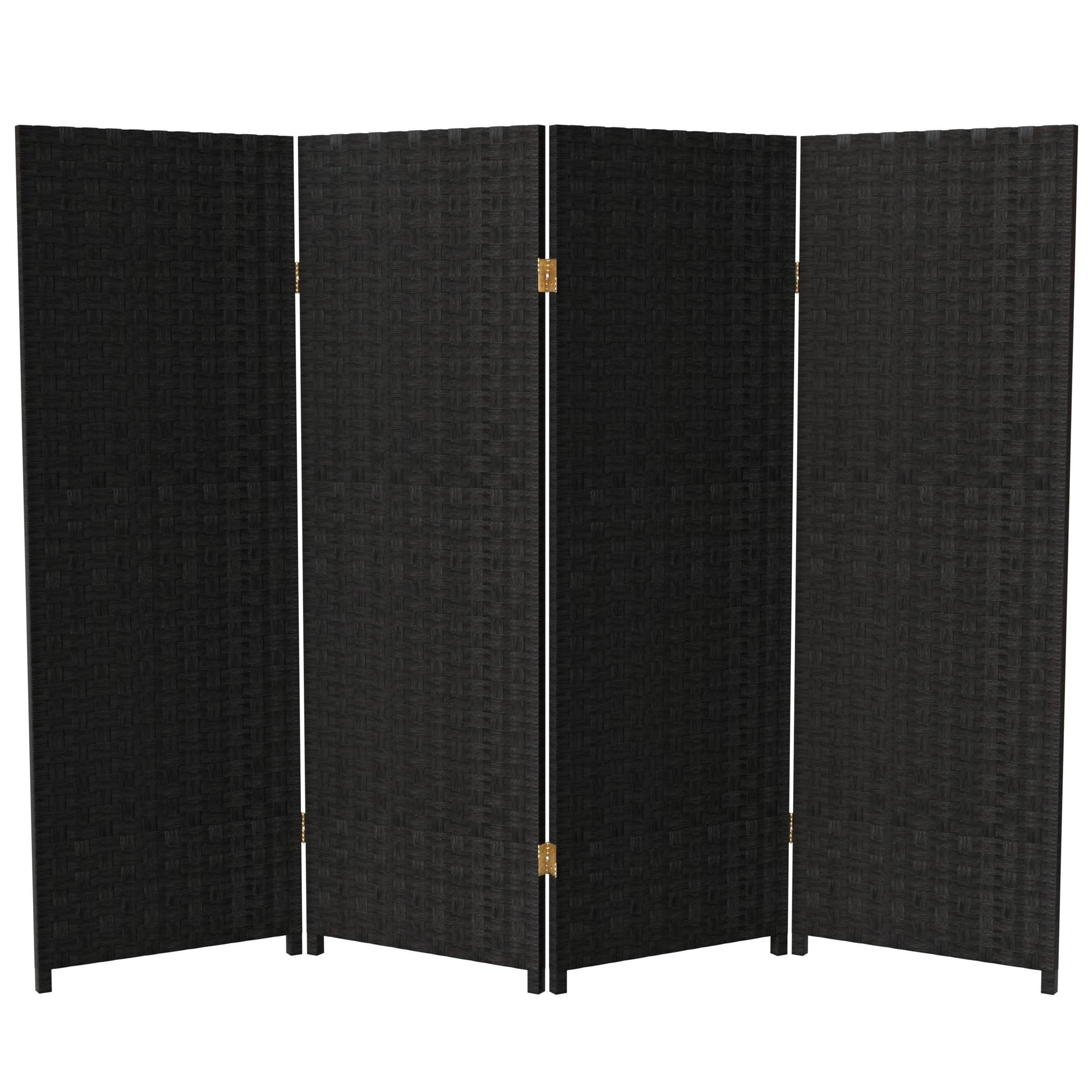 4 ft. Short Woven Fiber Folding Room Divider Screen - Black - 4 Panel Privacy Partition for Home, Office, or Studio Decor