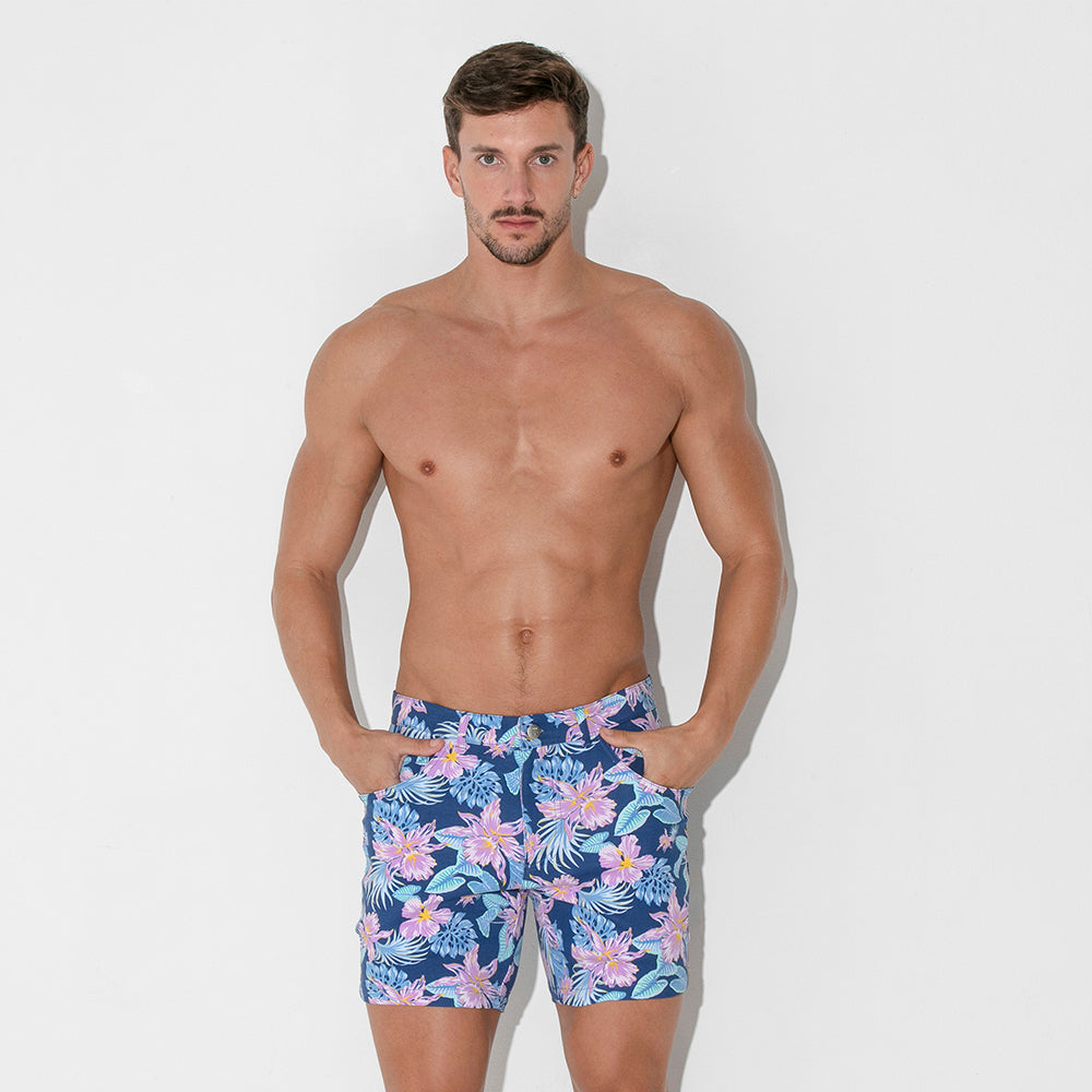 Code 22 Slim Fit 5-Pocket Stretch Shorts 9712 - Aqua Floral Print Men's Casual Summer Shorts for Beach, Vacation & Outdoor Activities