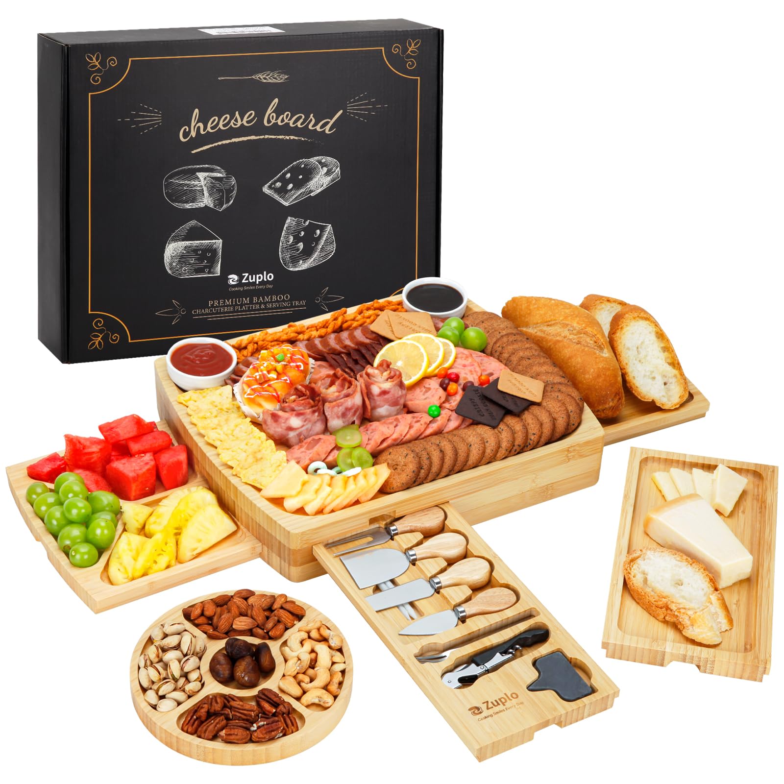 Premium Bamboo Charcuterie Board Set with Cheese Knives - Elegant Wooden Serving Tray for Entertaining, Housewarming Gifts, Weddings & Holidays (Christmas, Anniversary, Bridal Shower) - Perfect for Movie Nights, Wine Tasting & Charcuterie Parties