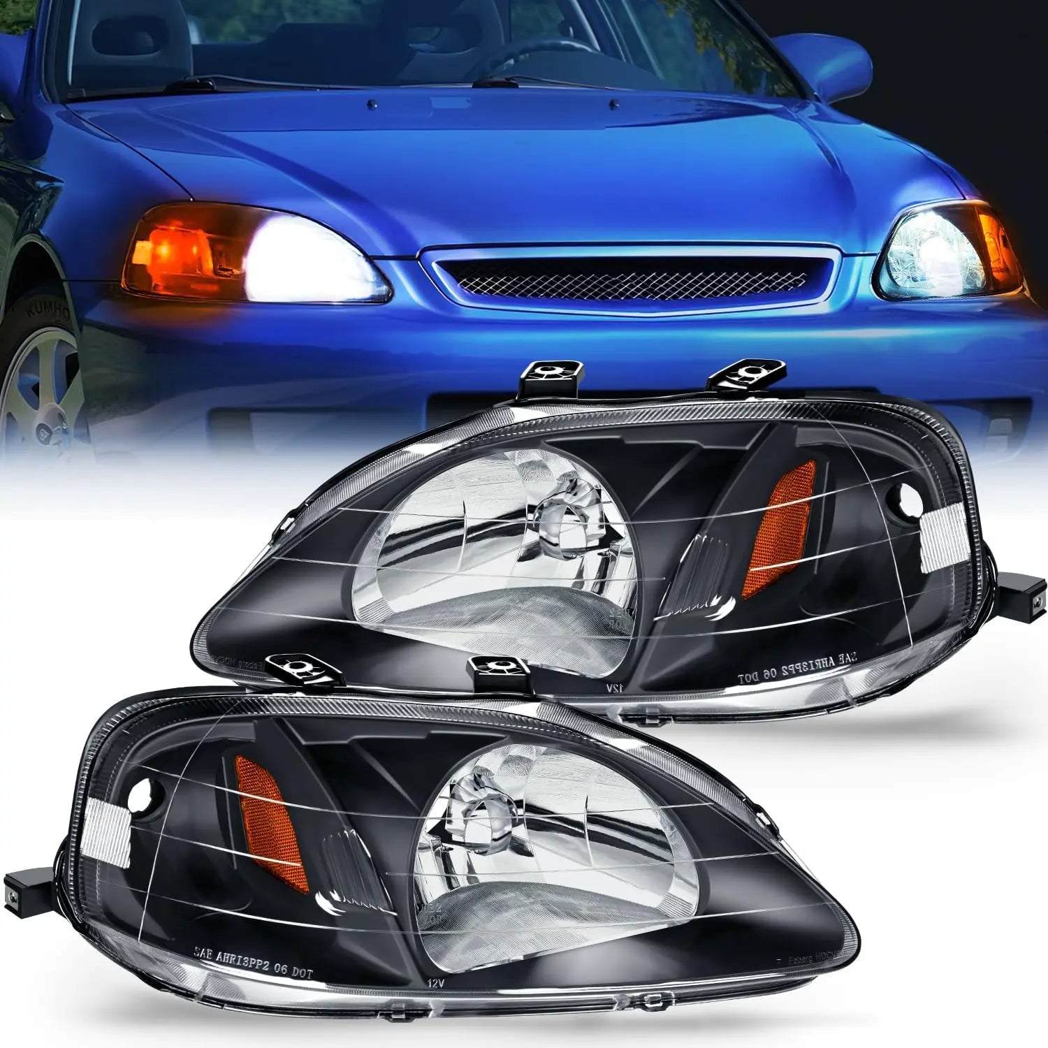 1999-2000 Honda Civic Headlight Assembly - Black Housing, Amber Reflector, Clear Lens | Direct Fit Replacement for Improved Night Visibility & Style Upgrade