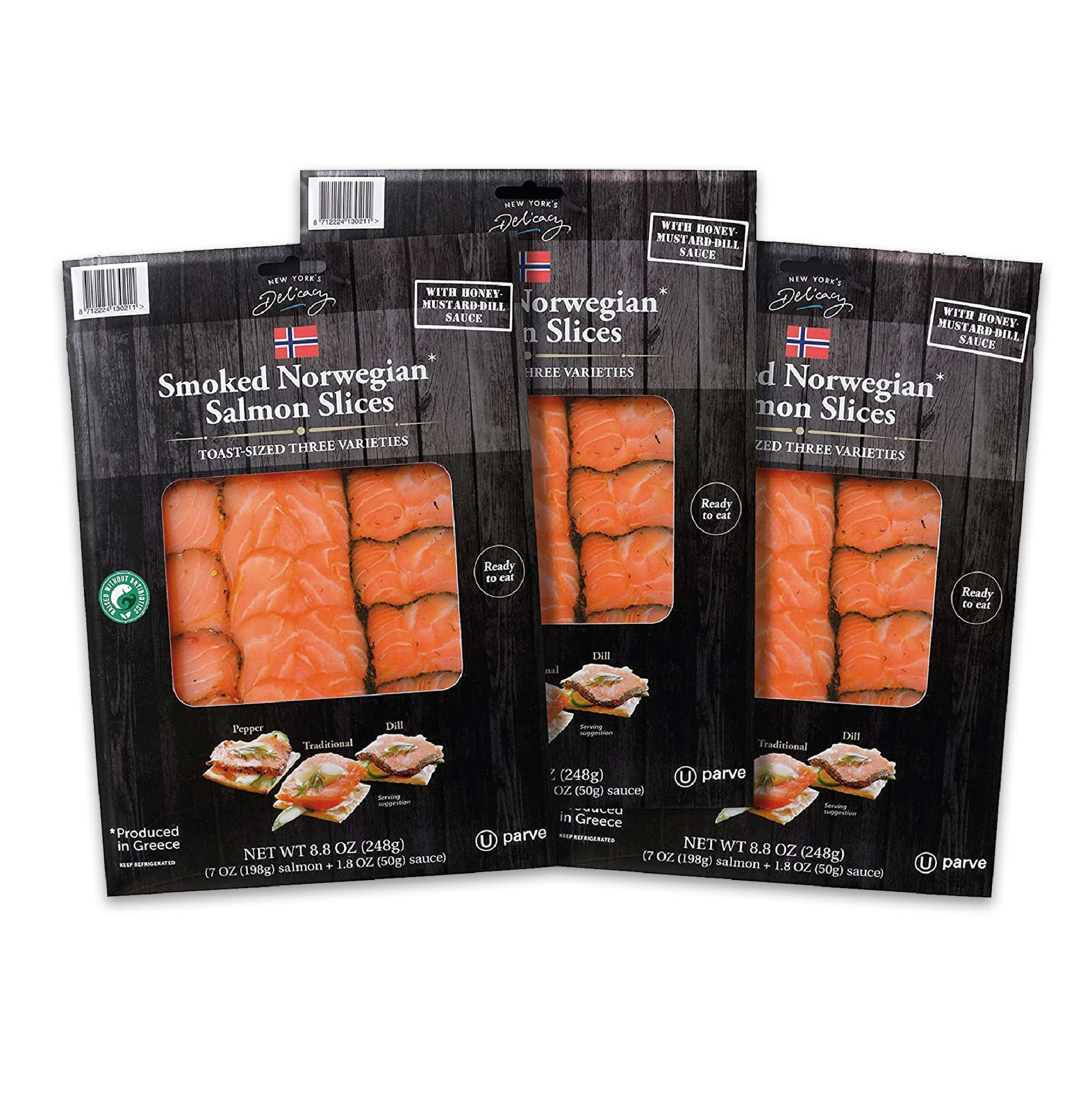 Premium Smoked Norwegian Salmon - 3 Pack (7 Oz Each) - Perfect for Toast & Bagels - 3 Flavor Varieties: Pepper, Traditional, Dill - Includes Gourmet Honey Mustard Dill Sauce - Great for Brunch, Charcuterie Boards & Holiday Gifts