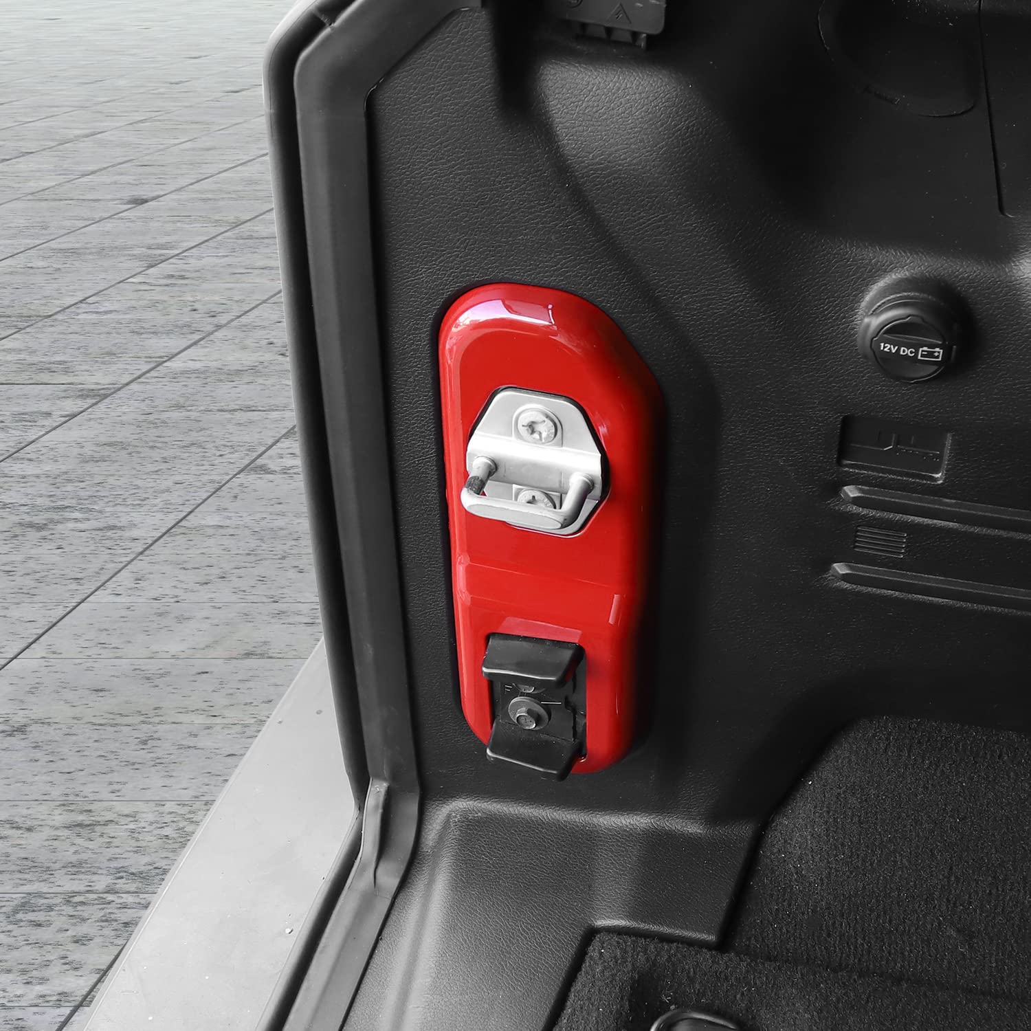 Jeep Wrangler JL JLU Tailgate Latch Panel Cover (2018-2024) - Durable Rear Trunk Lock Trim Accessories in Red - Perfect for Off-Roading & Truck Customization