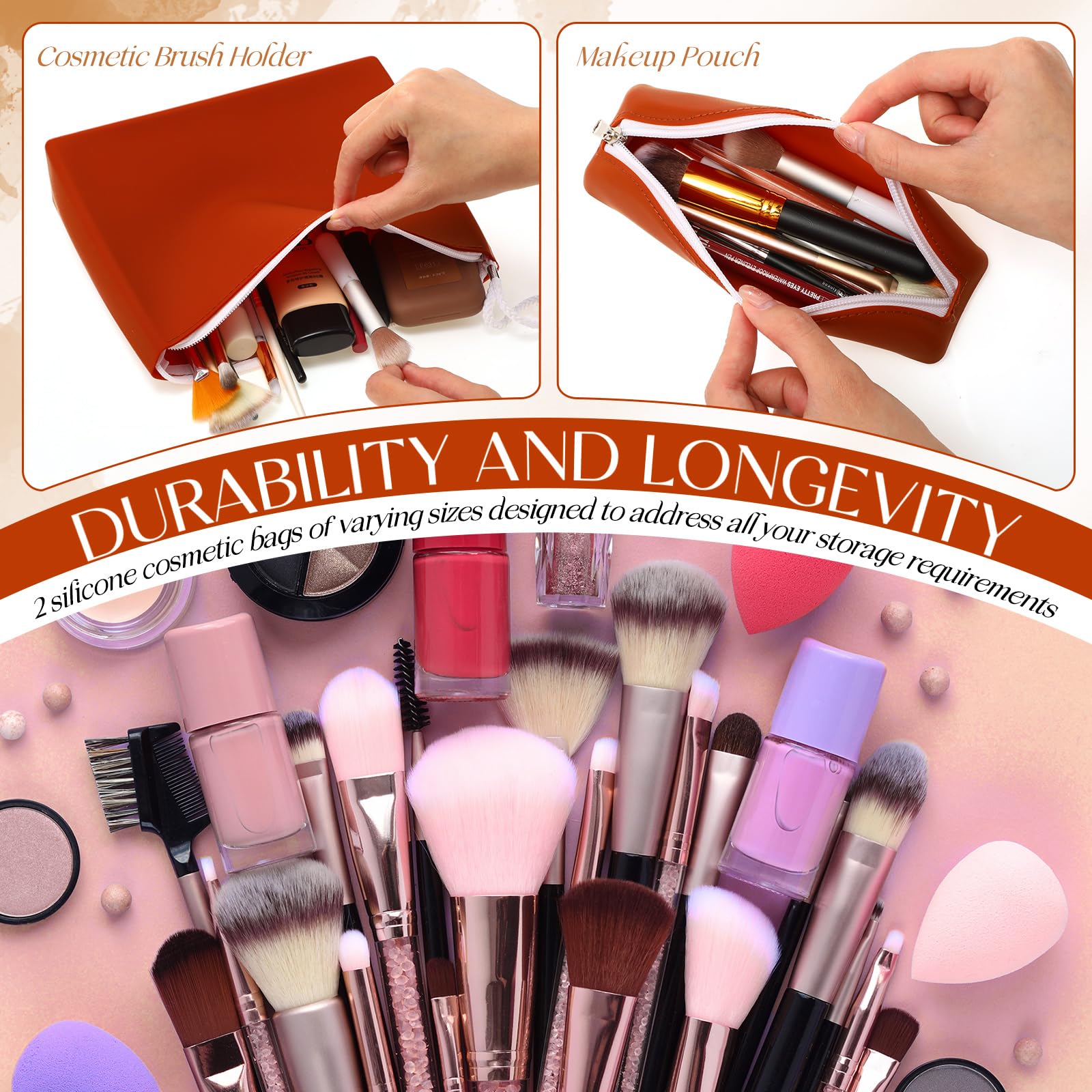 2 Pack Waterproof Silicone Makeup Bag with Zipper & Brush Holder - Travel Cosmetic Organizer for Toiletries, Makeup Tools | Perfect for Vacation, Gym, Business Trips (Brown)