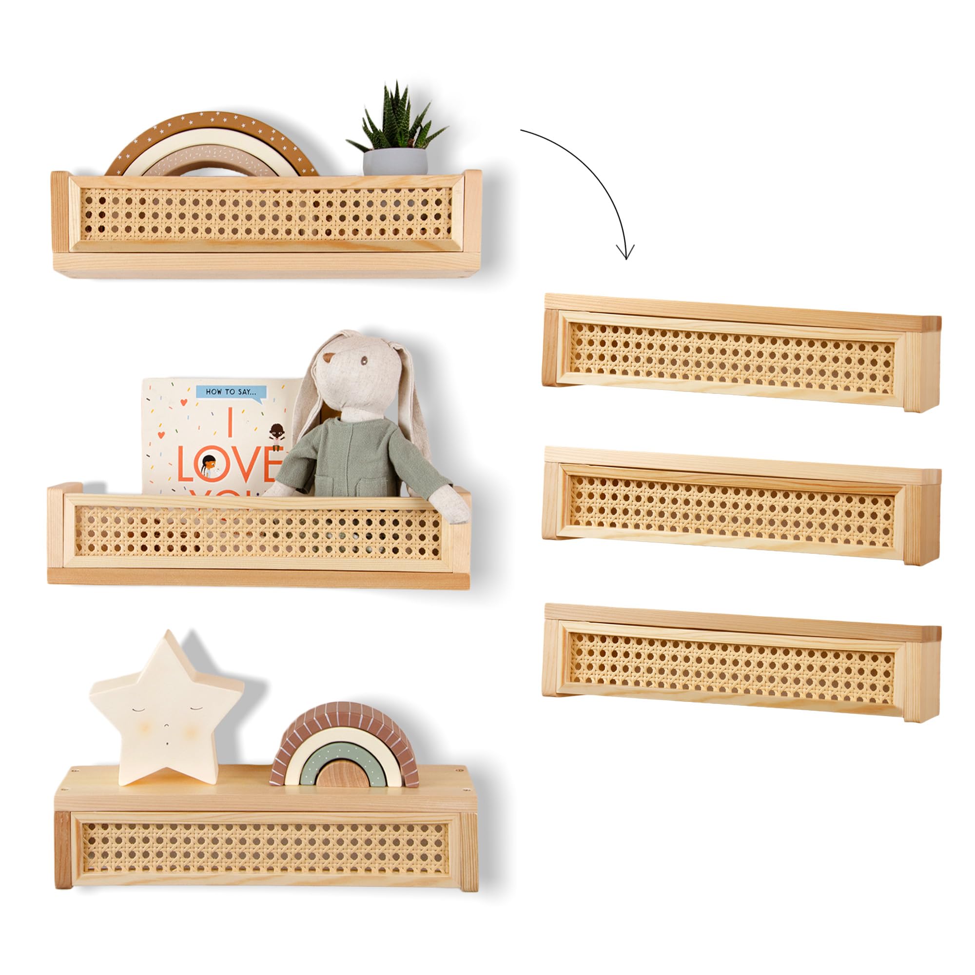 3 Pack Rattan Wall Shelves - 16 Inch Boho Nursery Floating Bookshelves for Nursery Decor, Kids Room & Living Room | Perfect for Organizing Books, Toys & Decorative Items