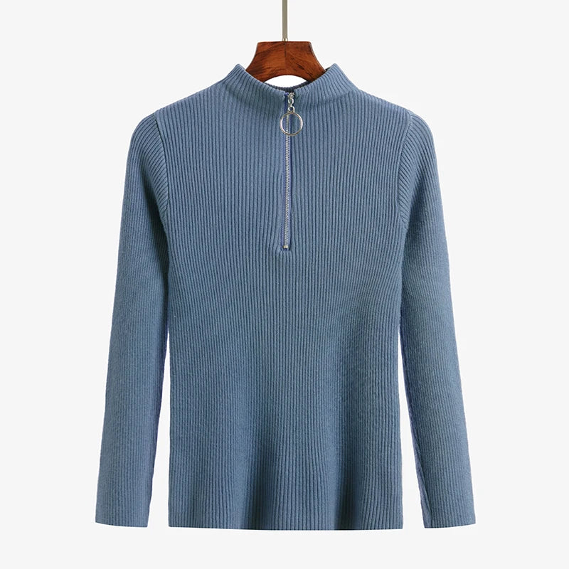 Vintage Solid Knitted Long Sleeve Zip-Up Half Turtleneck Sweater for Women - Cozy Winter Pullover for Casual Outfits & Office Wear