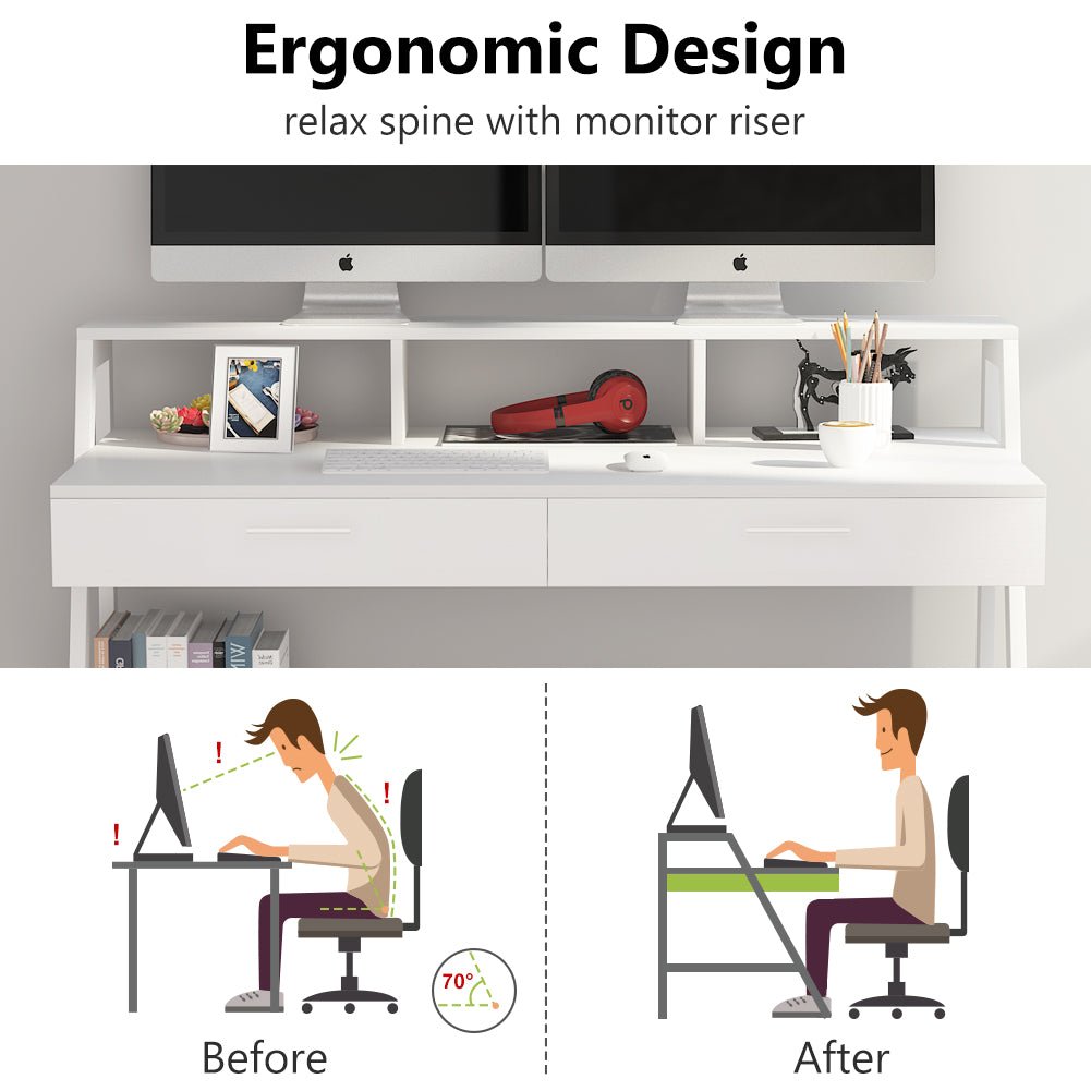 Modern White Computer Desk 47 Inch - Sturdy Writing Desk with Storage Shelf & Drawers for Home Office, Gaming & Study Workspace