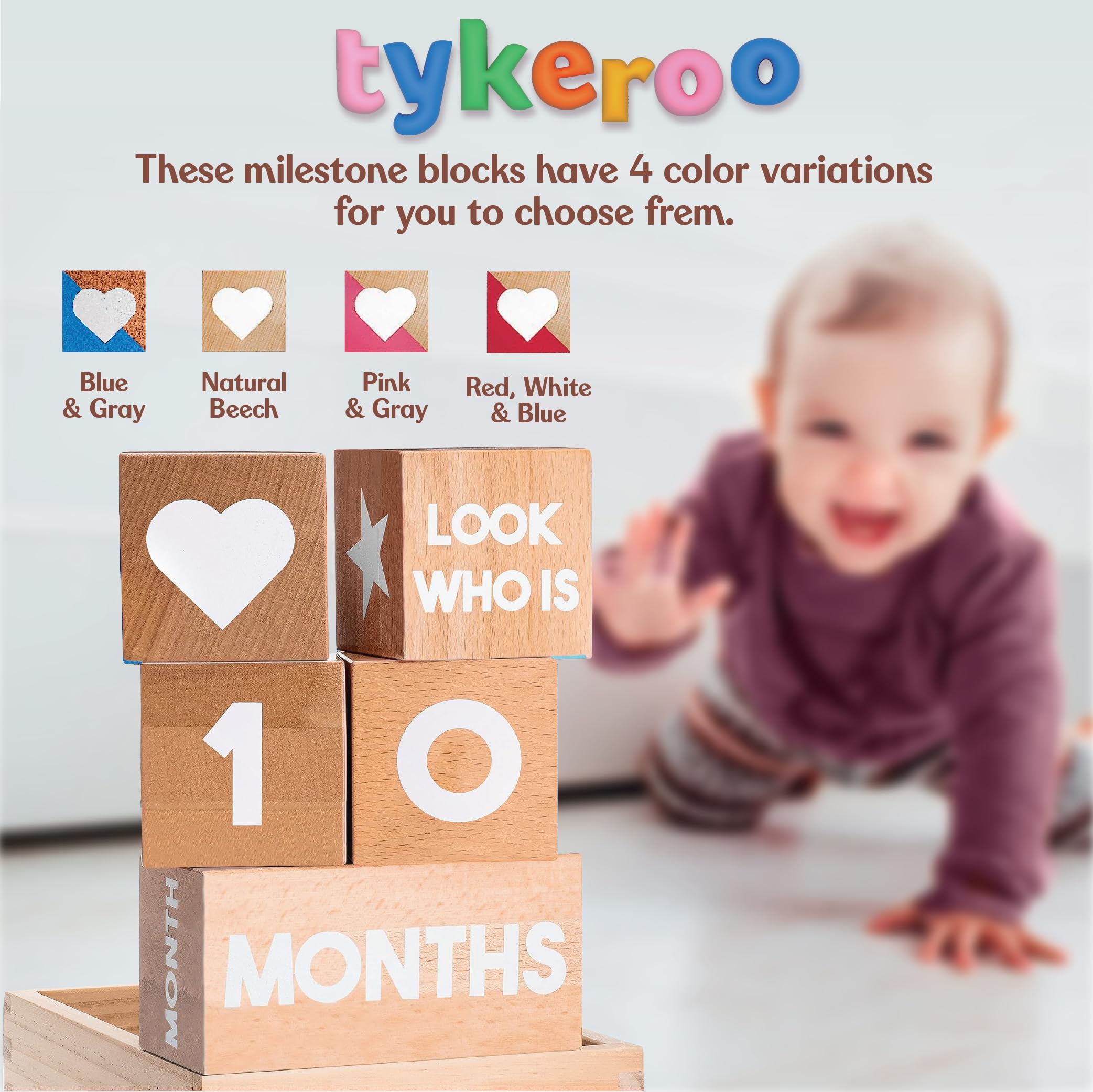 Tykeroo Baby Monthly Milestone Blocks - Natural Beech Wood Nursery Decor - Newborn Photography Props - Perfect Baby Shower Gift for Boys & Girls | Capture Precious Moments from 1-12 Months