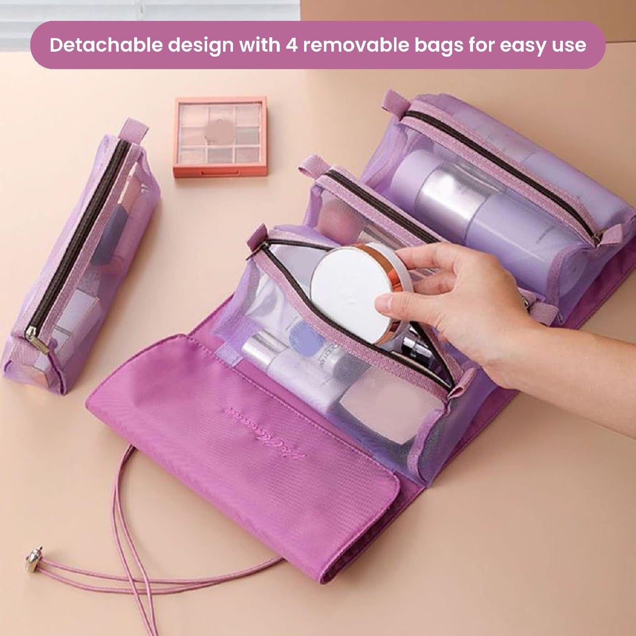 JoaLu Roll Up Hanging Travel Toiletry Bag for Women - Large Waterproof Cosmetic Organizer with Multiple Compartments - Foldable Makeup Storage Bag for Travel, Bathroom & Gym (Pink) - Perfect for Vacation, Camping & Daily Organization