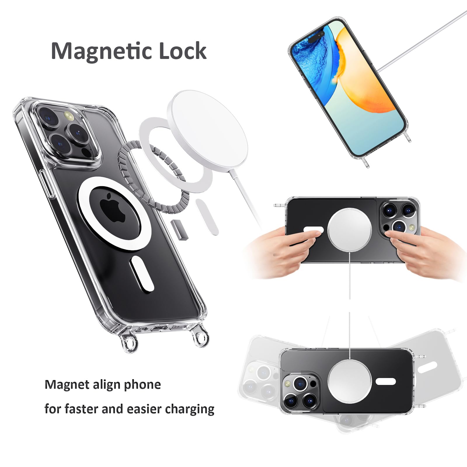 UnnFiko Magnetic Clear Case for iPhone 16 Pro Max - Magsafe Compatible, Shockproof Protection with Adjustable Shoulder Strap & Black Lanyard - Perfect for Travel, Shopping, and Hands-Free Convenience