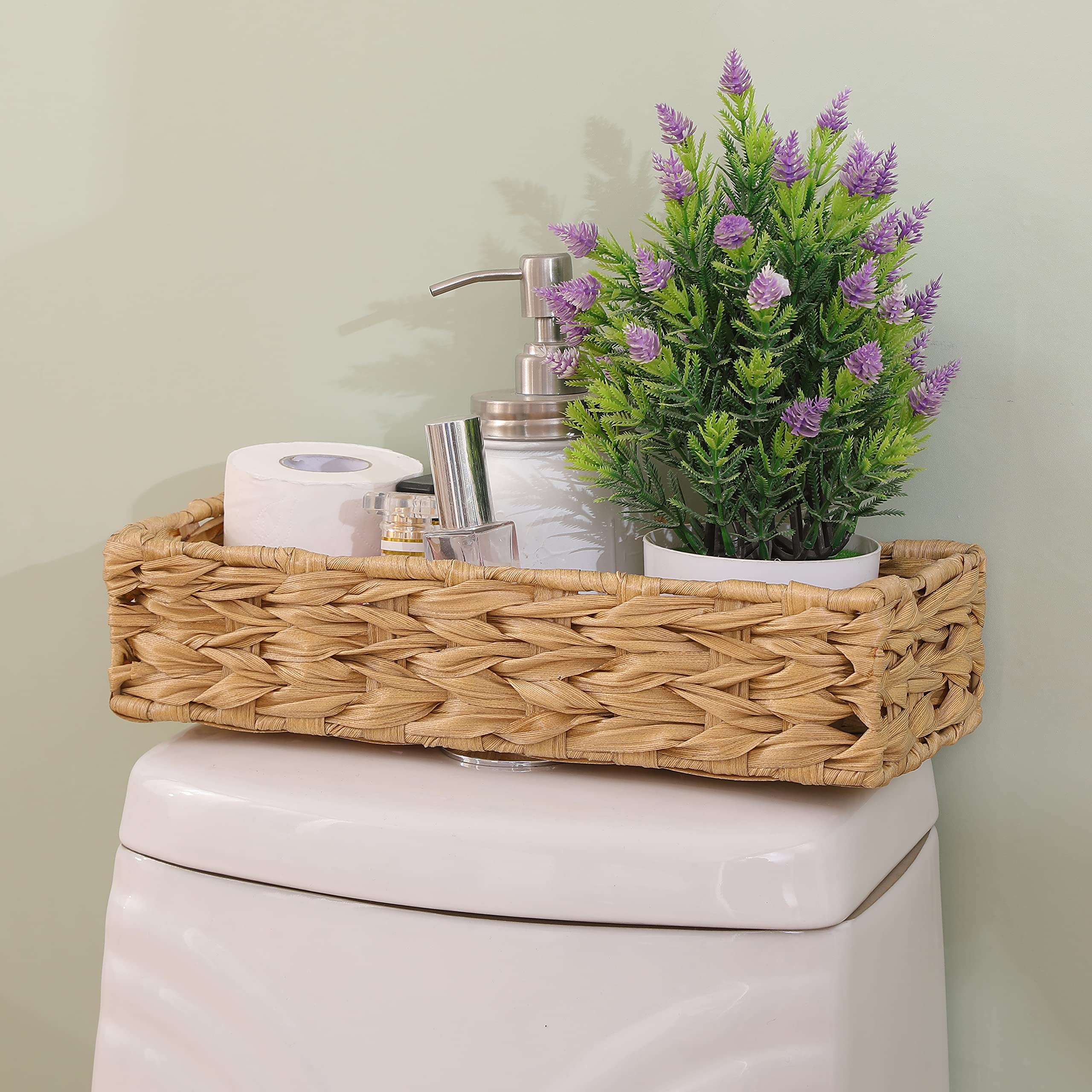 Woven Toilet Paper Storage Basket - Bathroom Organizer Bin for Toilet Tank Top | Decorative Wicker Basket for Bathroom Essentials & Toiletries | Perfect for Small Space Organization and Home Decor