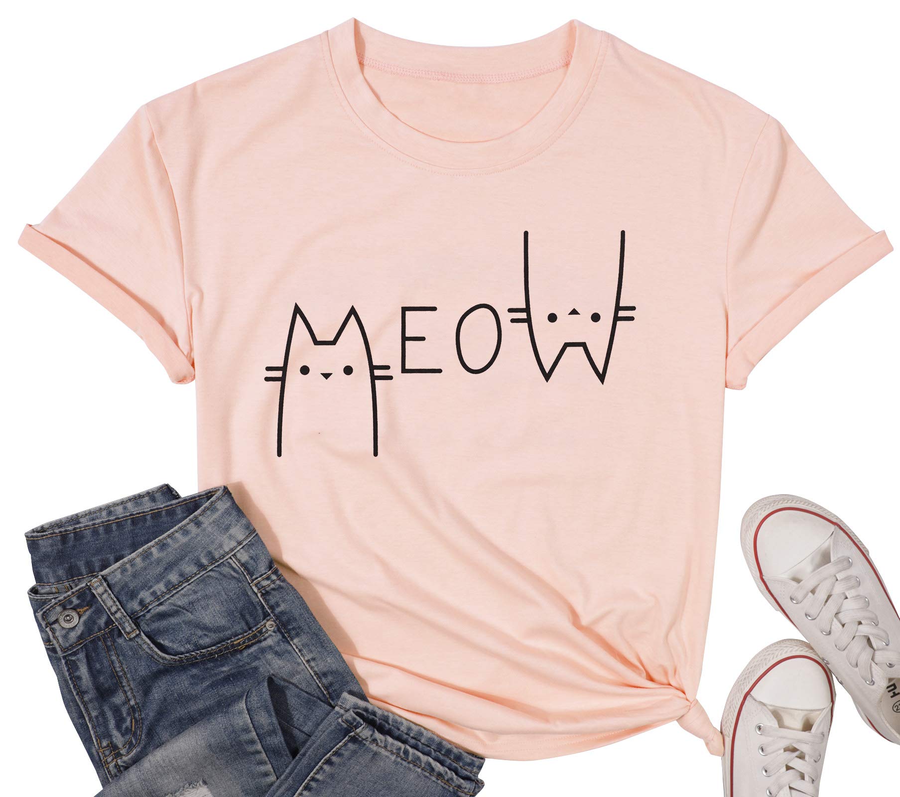 Women's Cat Lover Graphic T-Shirt - Funny Meow Print Casual Tee Top for Cat Owners | Perfect Gift for Cat Lovers, Great for Casual Wear & Cat-Themed Parties