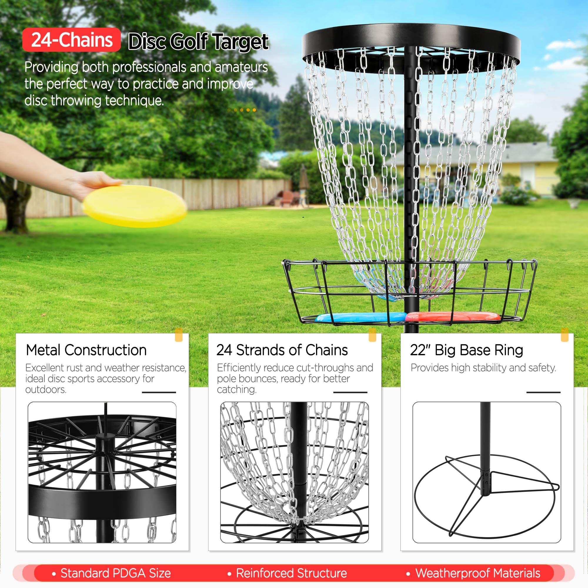 Topeakmart Portable 24-Chain Disc Golf Basket with 3 Discs - Professional Flying Disc Golf Practice Target & Steel Goal - Outdoor Sports Equipment for Backyard, Park & Training