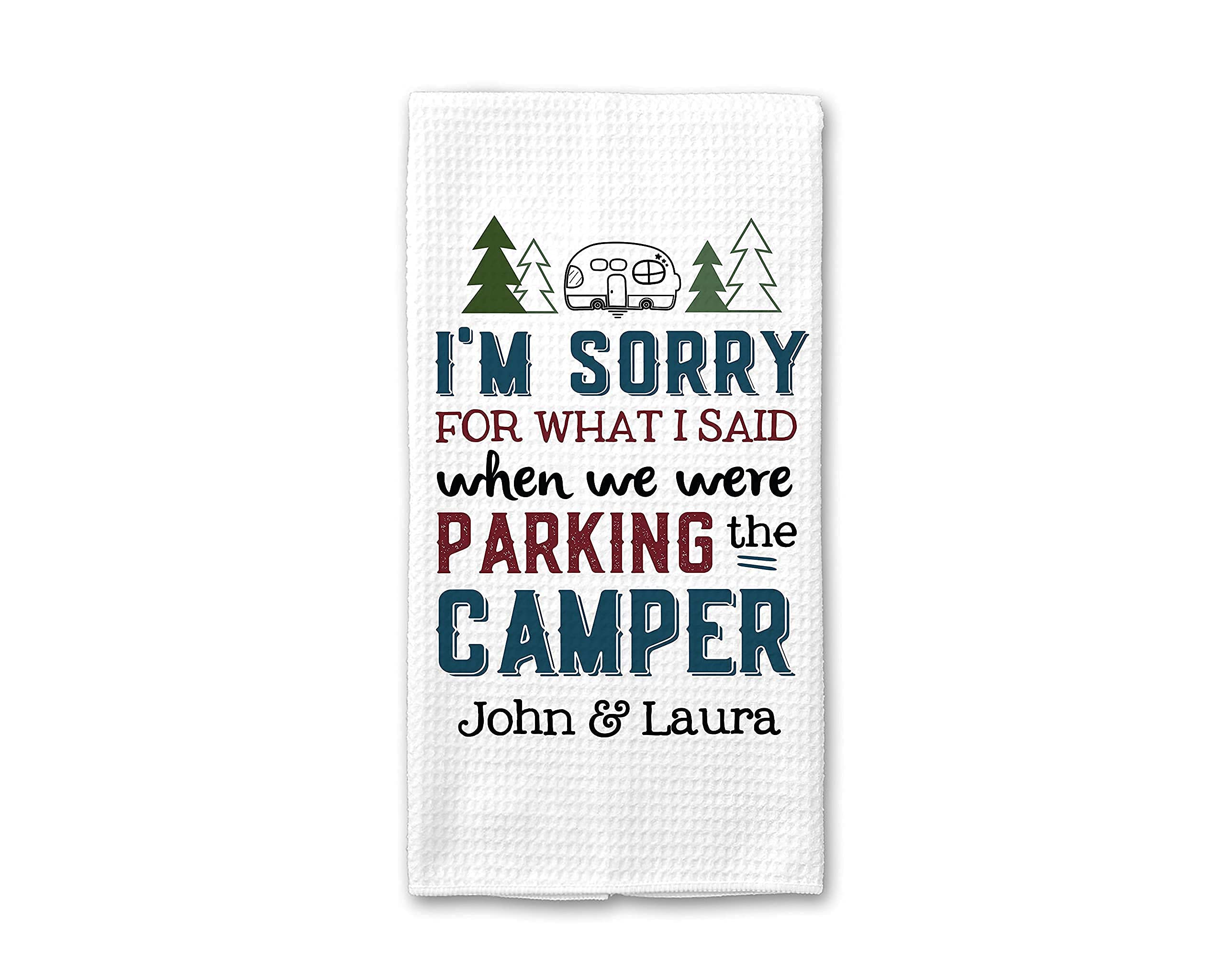 Funny Camper Waffle Weave Dish Towel - Personalized Kitchen Towel Set - RV Travel Trailer Gift & Camper Accessories - Customized Dish Cloth for Camping Decor - Perfect for Outdoor Cooking, Picnics & RV Life