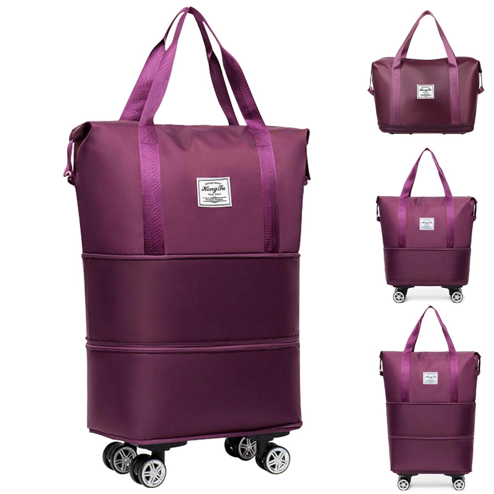 Expandable Rolling Duffle Bag with Detachable Wheels - Foldable Travel Luggage Carry-On for Weekend Trips & Gym (Fuchsia) - Perfect for Air Travel, Business Trips & Sports Equipment Storage