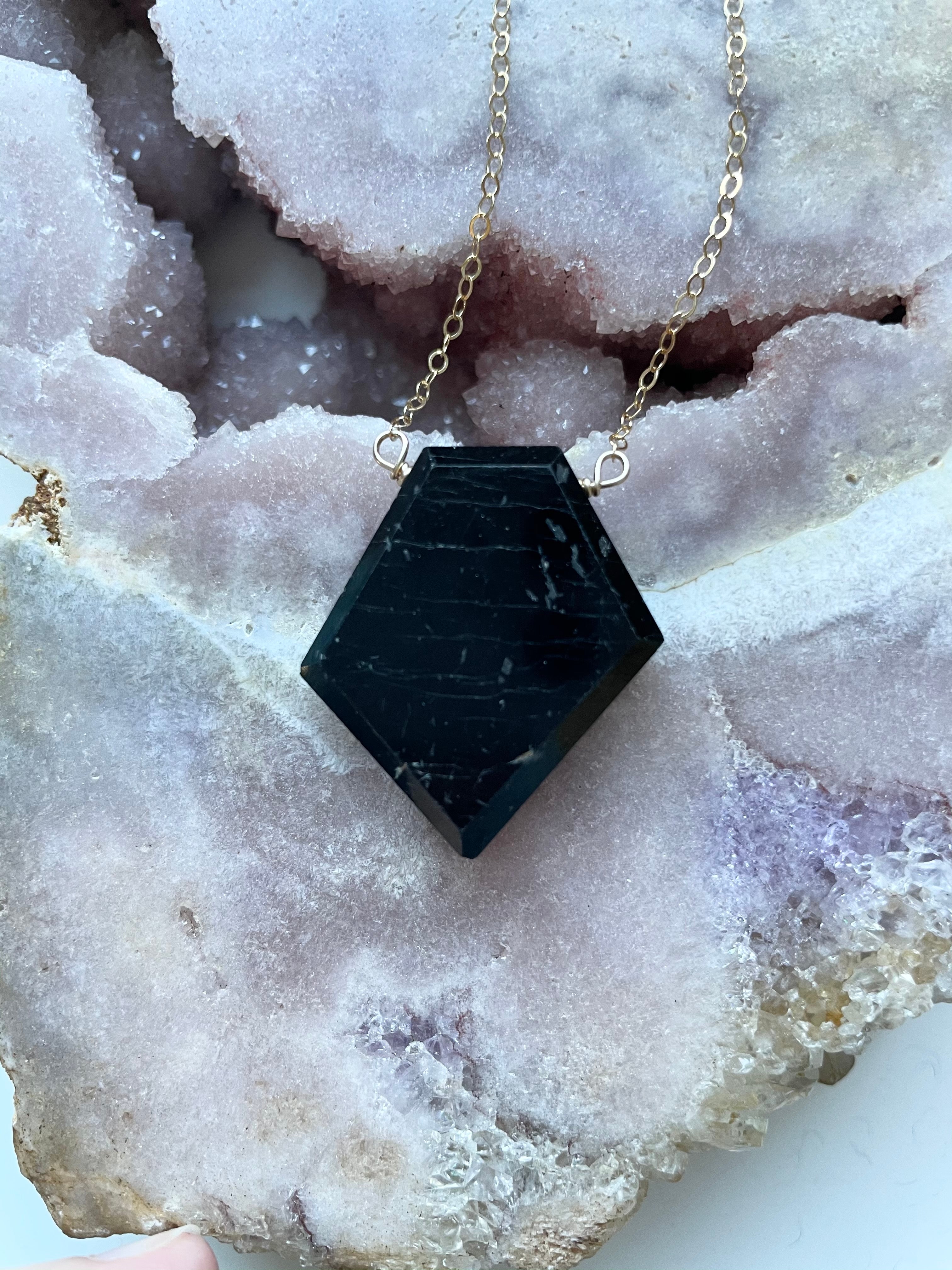 Large Black Tourmaline Shield Plate Necklace - Empath Protection Jewelry for Energy Cleansing & Spiritual Healing | Perfect for Meditation, Reiki, and Daily Wear