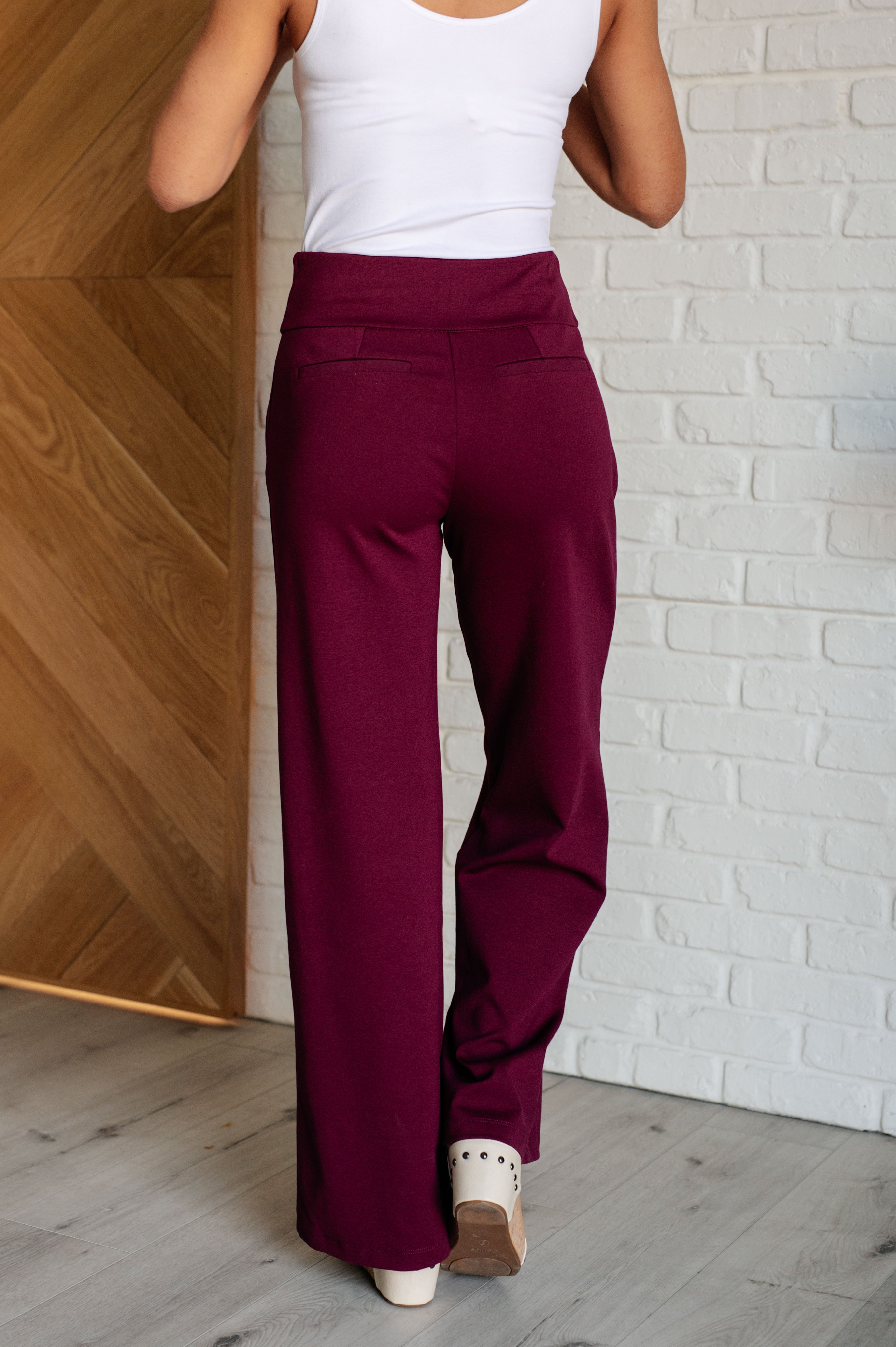 Magic Wide Leg Pants for Women - Comfortable High Waisted Flowy Trousers in Wine Red | Perfect for Office, Travel & Casual Wear