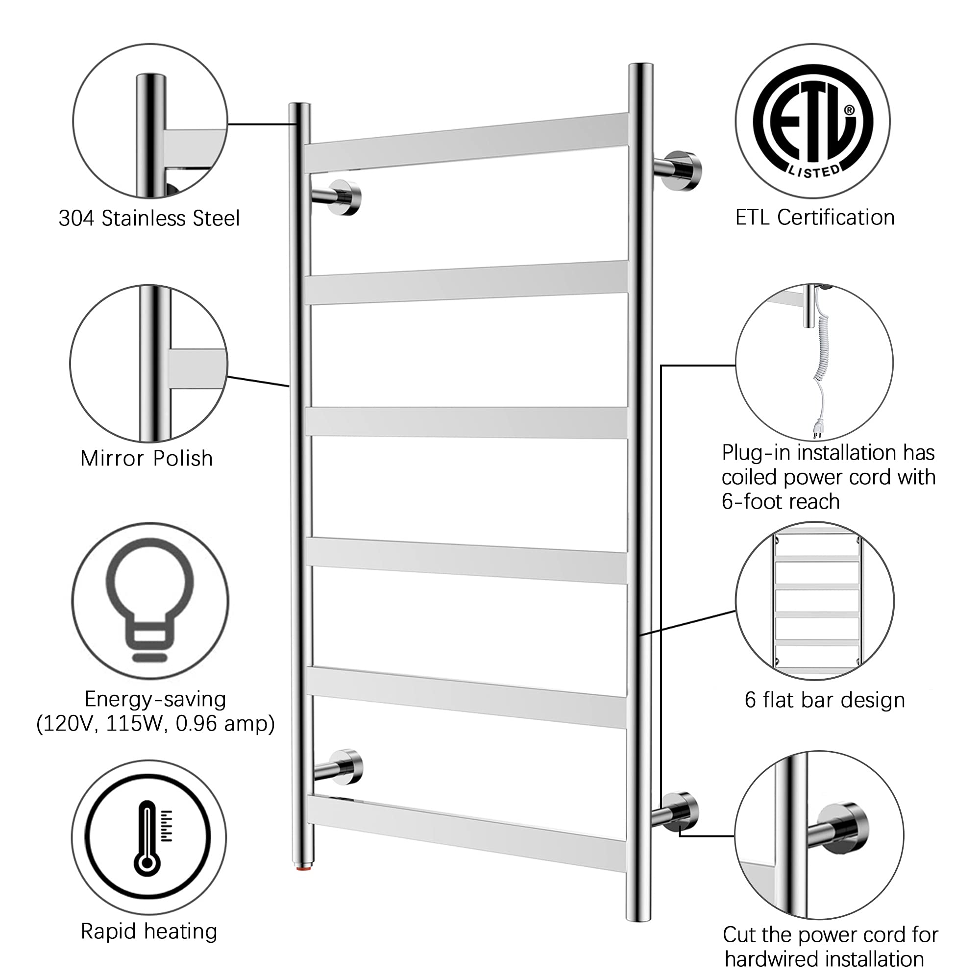 HEATGENE 6-Bar Wall-Mounted Electric Towel Warmer & Dryer - Plug-in Bathroom Heater with Mirror Polish Finish | Perfect for Spa, Bathroom & Luxury Home Use