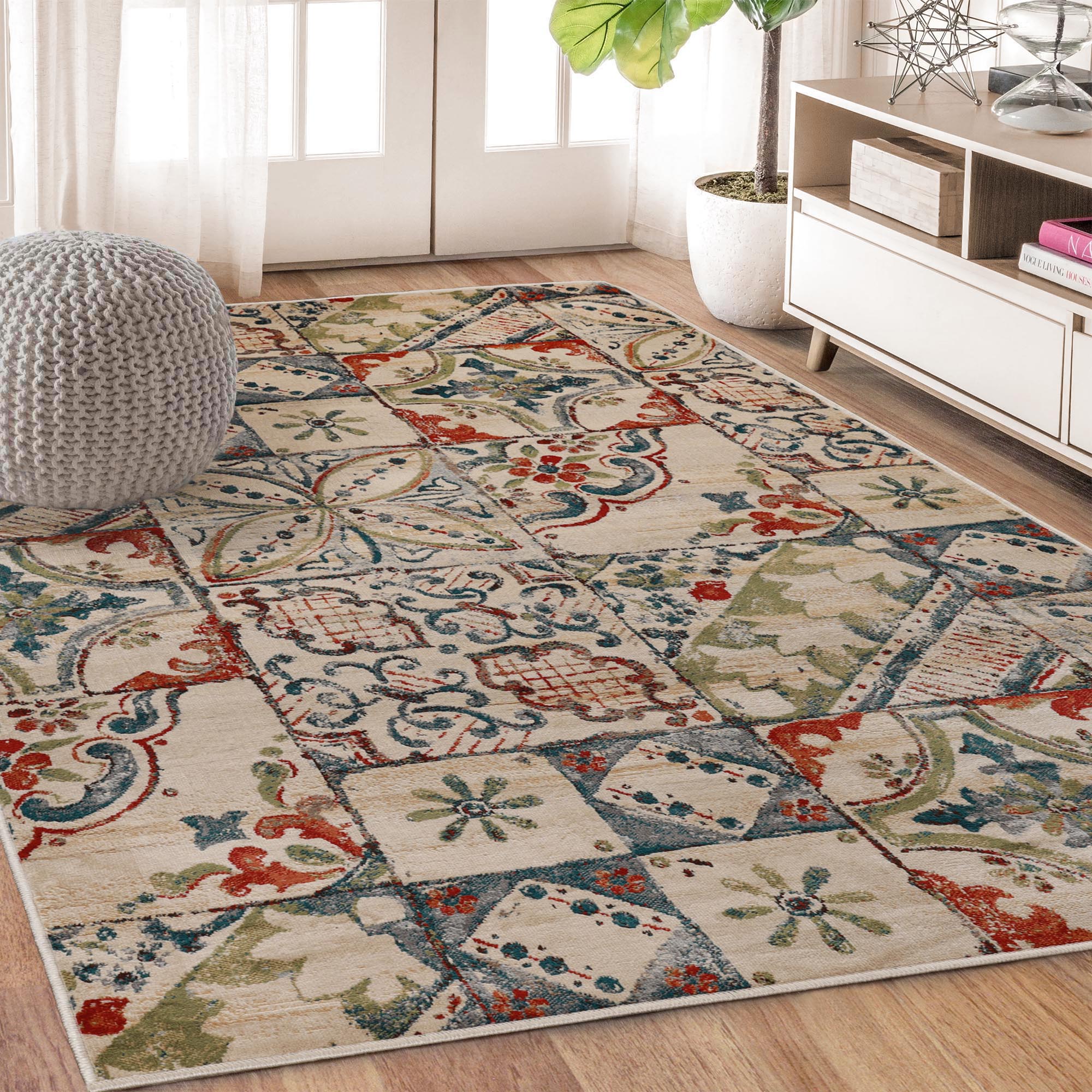 Vanessa Rustic Patchwork Indoor Modern Area Rug - Soft Boho Chic Living Room Carpet for Bedroom, Nursery & Home Decor