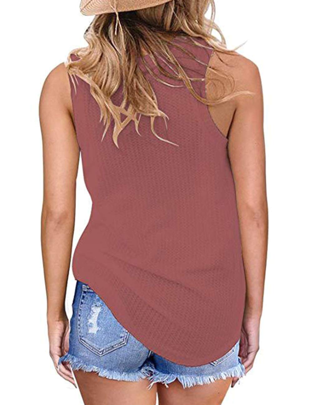Women's Summer Sleeveless Twist Knot Tank Top - Waffle Knit Cami Shirt Casual Blouse (Small, Brick Red) | Perfect for Beach Outings, Vacation Wear & Everyday Summer Fashion