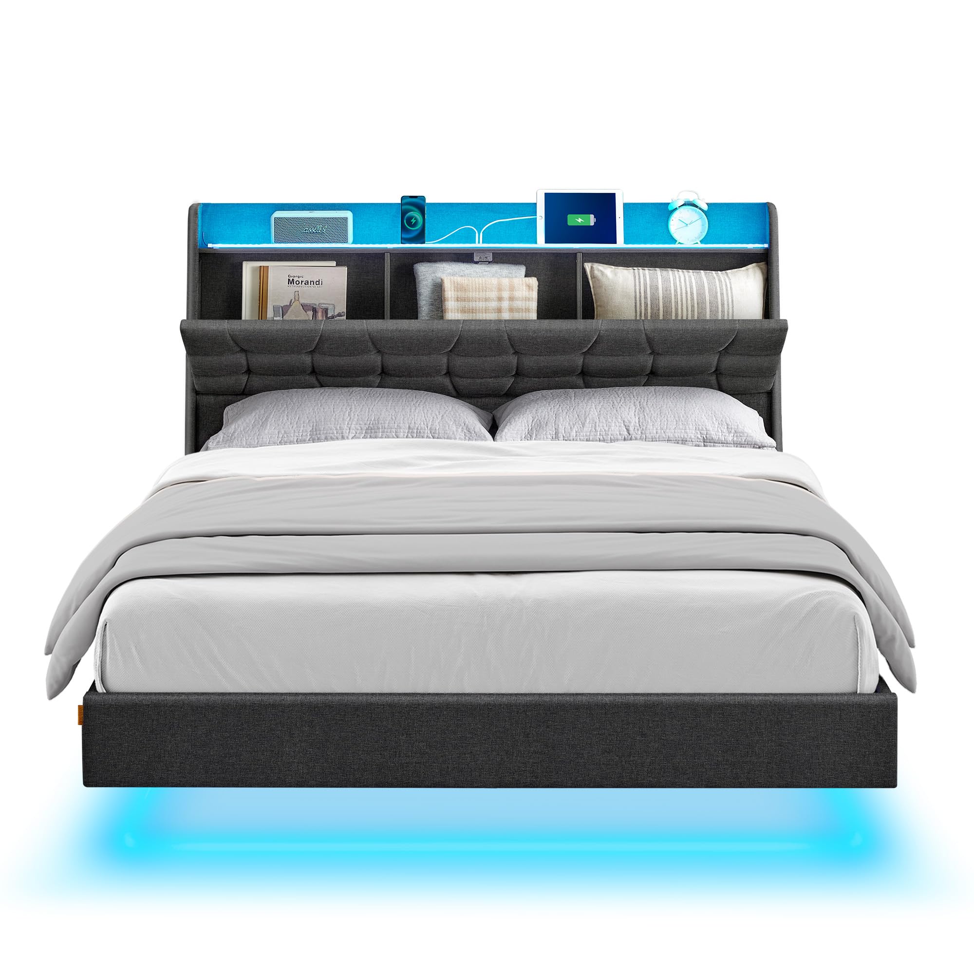 VASAGLE Queen Size Floating Bed Frame with LED Lights & USB Charging Station, Tufted Upholstered Storage Headboard, Modern Platform Bed Frame - No Box Spring Needed, Dark Gray - Perfect for Bedroom Upgrade, Small Space Living & Contemporary Home Decor