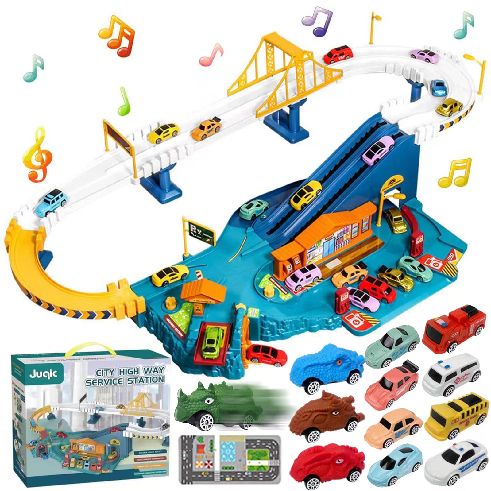Car Playset Toy Ramp Track Set with 8 Mini Racer Cars & 4 Dinosaur Vehicles - Interactive Race Track for Preschool Boys & Kids Ages 3+ - Perfect Birthday Gift for Toddlers - City Highway Adventure Play for Indoor & Outdoor Fun