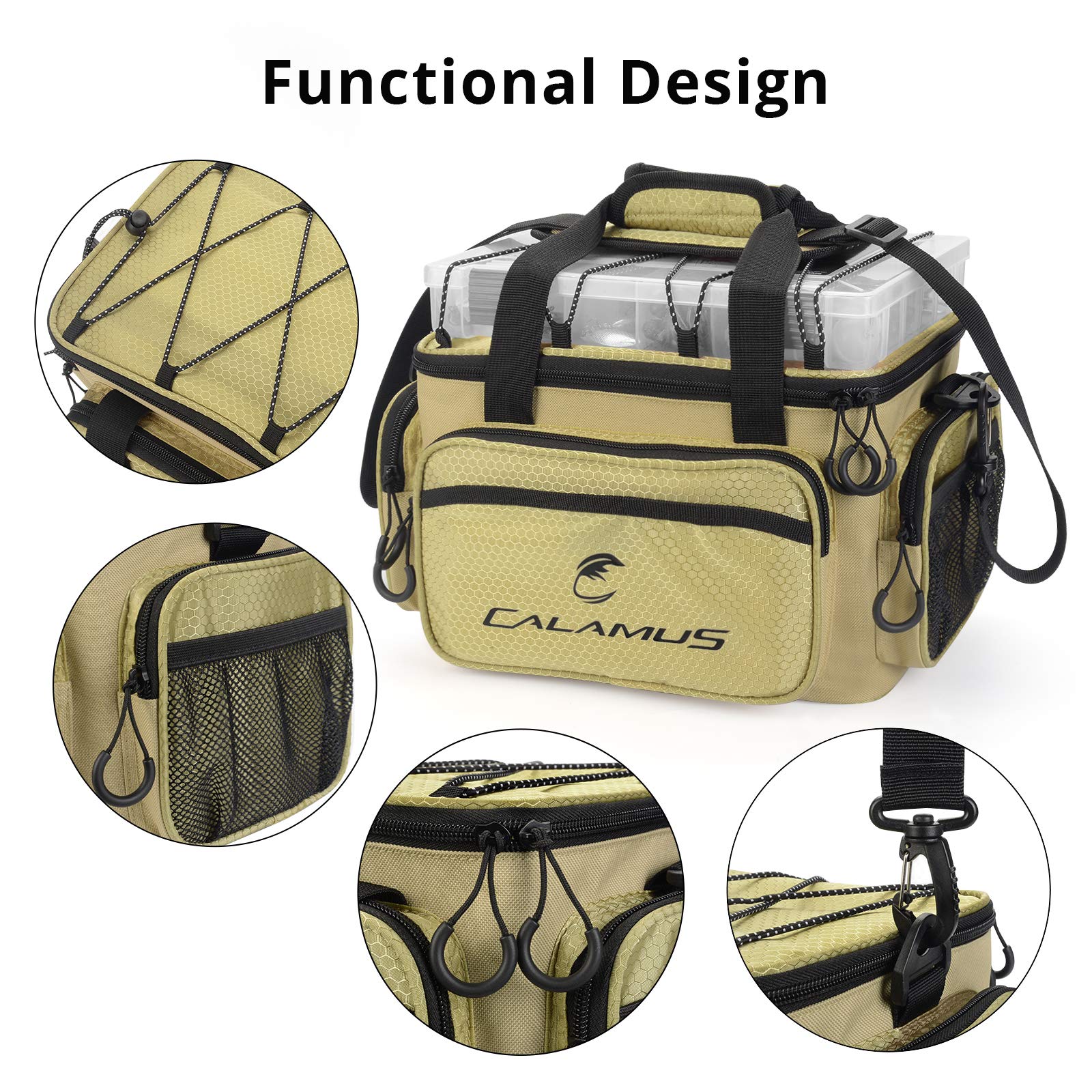 **Calamus Fishing Tackle Bag - Durable Rip-Stop PE Saltwater & Freshwater Fishing Gear - Padded Shoulder Strap & Pliers Storage - Khaki - Perfect for Shore, Boat, and Kayak Fishing**