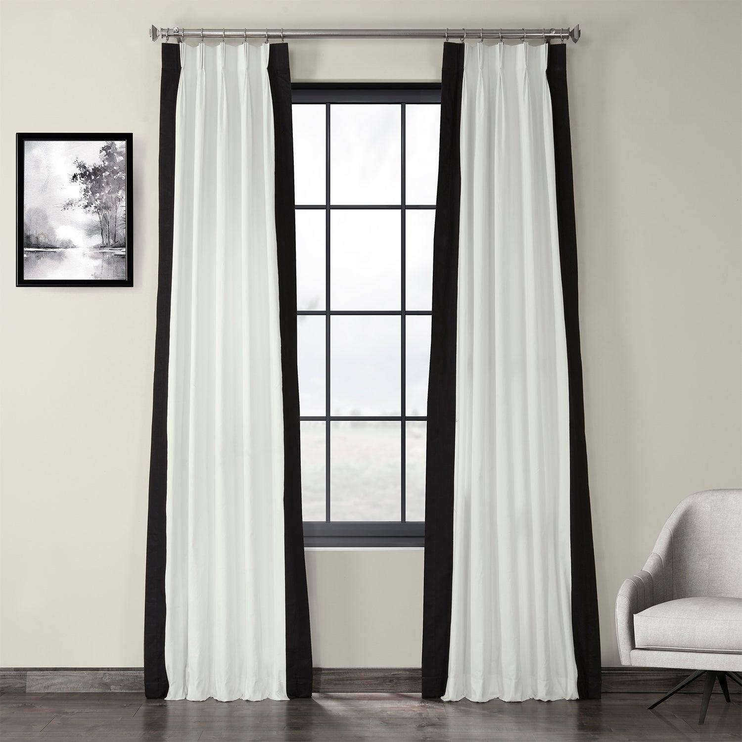 Fresh Popcorn & Black Bordered French Pleat Vertical Printed Cotton Curtains - Elegant Window Treatments for Living Room, Bedroom, and Home Theater