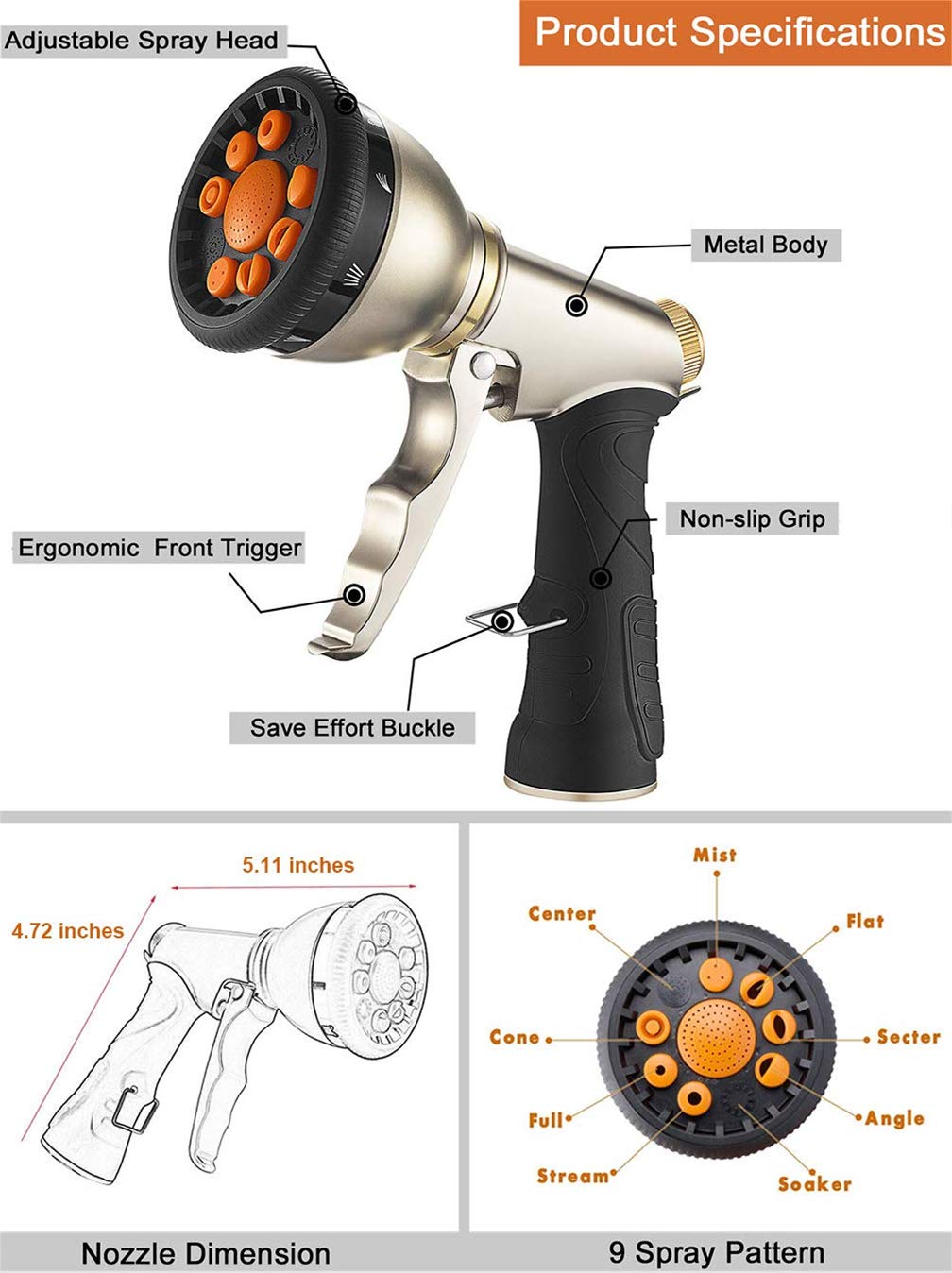 Heavy Duty Metal Garden Hose Nozzle Spray Gun - 9 Adjustable Watering Patterns, High Pressure Water Sprayer with Comfort Grip - Perfect for Car Washing, Lawn Watering, Pet Bathing, and Outdoor Cleaning