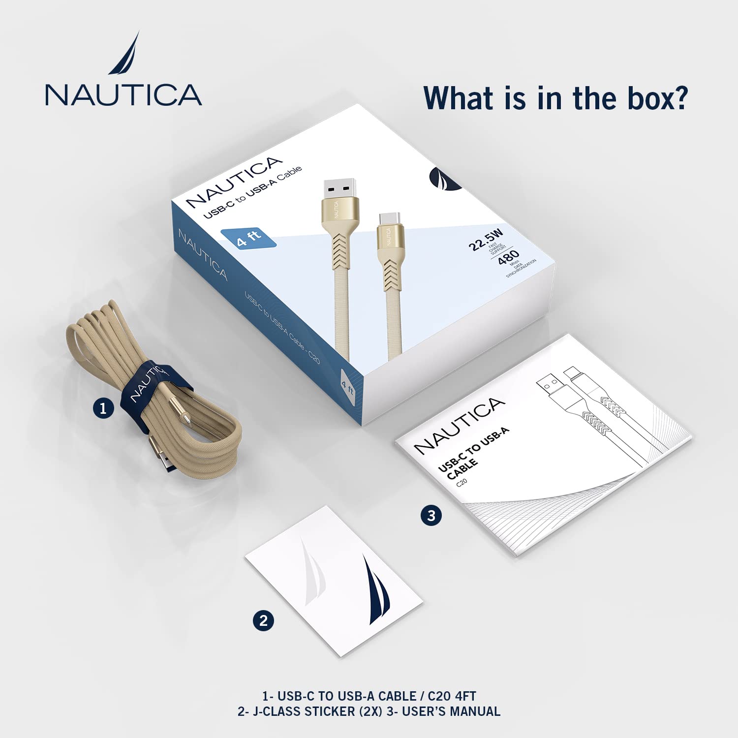 Nautica USB-C to USB-A Fast Charging Cable 4.5A - Compatible with Galaxy S9/S10/S10+, LG V20/G5/G6, PS5 Controller - High Speed Charging Cord for Phones, Tablets & Gaming Devices - Perfect for Home, Office & Travel Charging