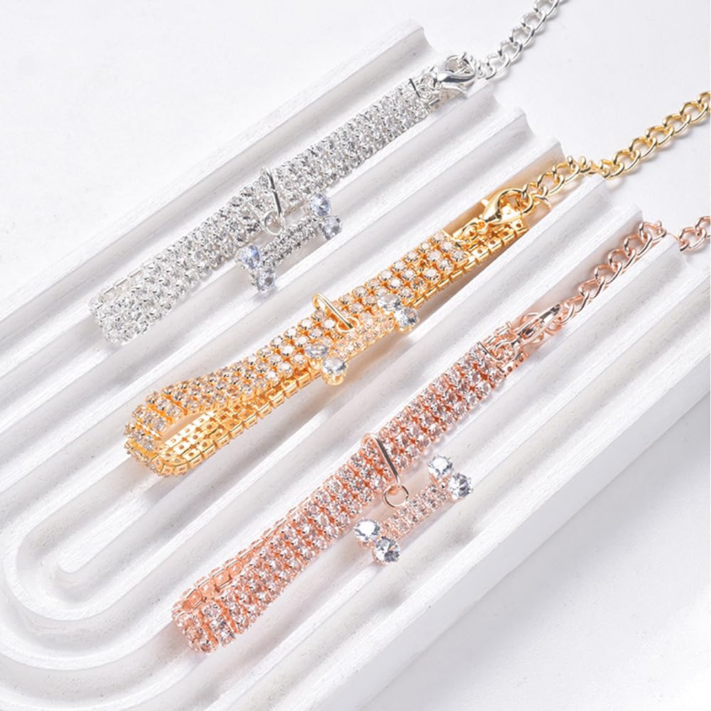 Sparkling Adjustable Rhinestone Pet Collar Necklace for Dogs & Cats - Fashion Bling Bone Design with 3 Rows Diamonds - Perfect for Weddings, Birthday Parties & Special Occasions - Silver Shiny Jewelry Gift for Small Puppies & Kittens