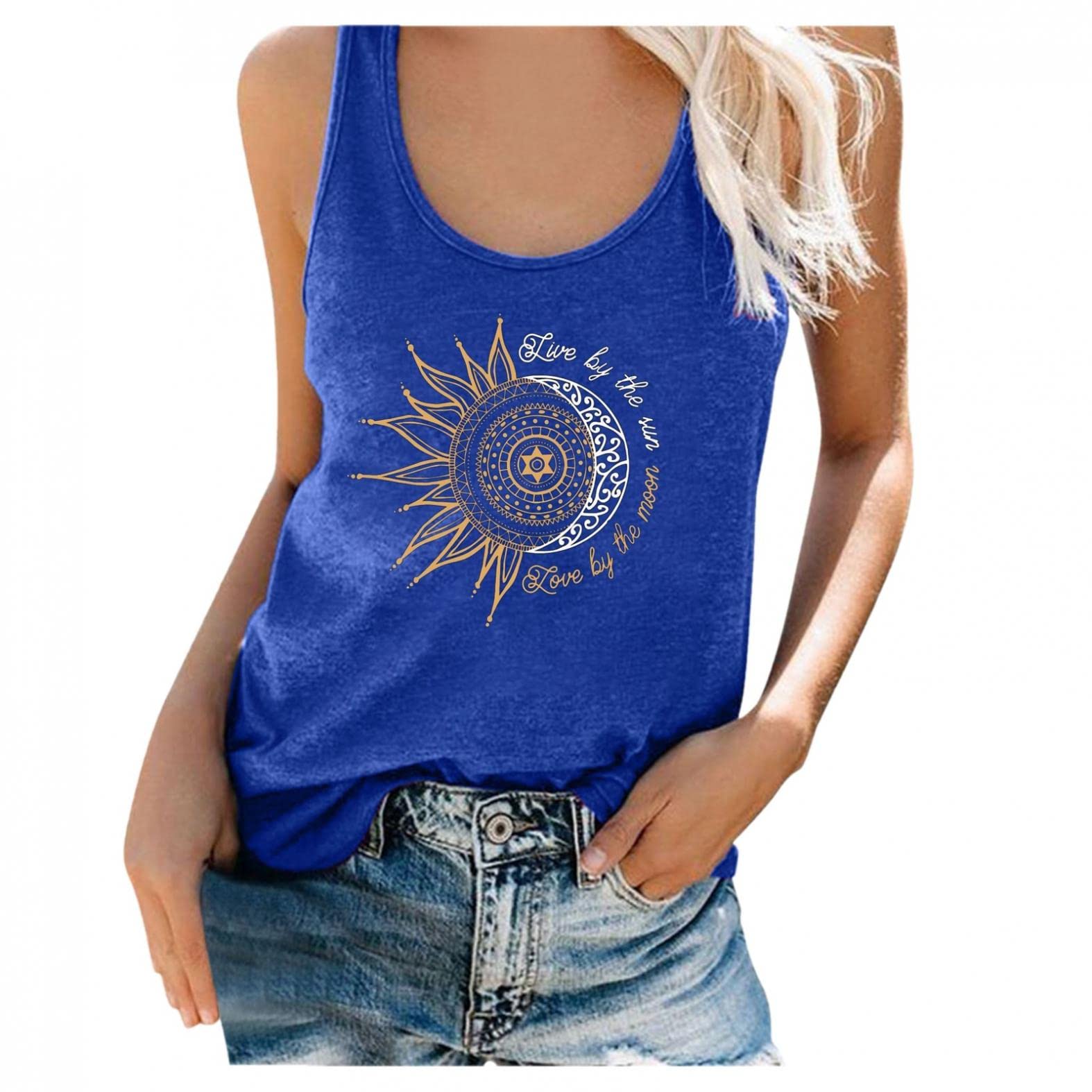 Women's Sun and Moon Printed Tank Top - Sleeveless Workout Shirt, Casual Summer Tunic Tee for Yoga, Gym & Beach Wear