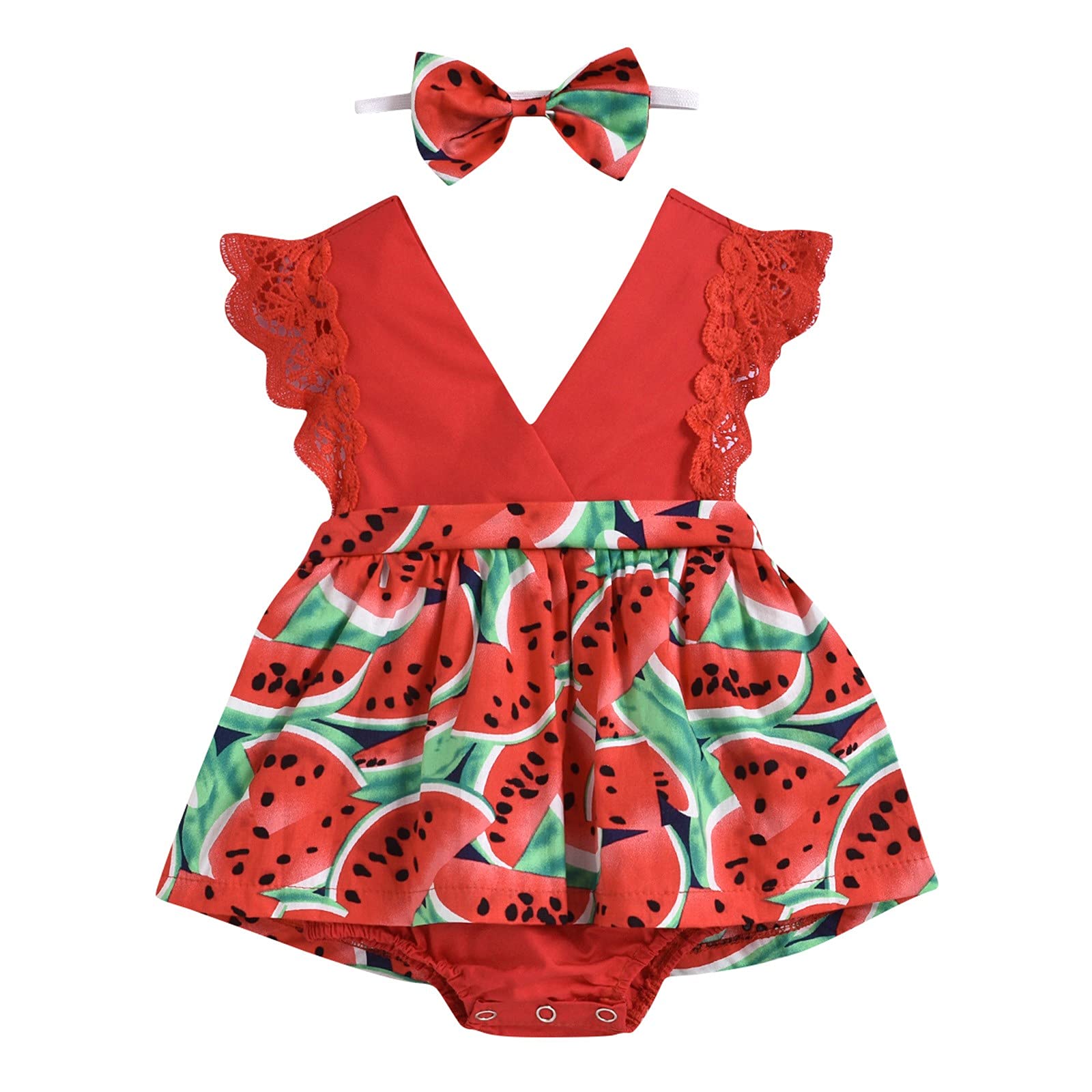 Adorable Toddler Baby Girl Watermelon Print Sleeveless Lace Romper Set with Headband - Perfect for Summer Outfits, Beach Vacations & Photoshoots