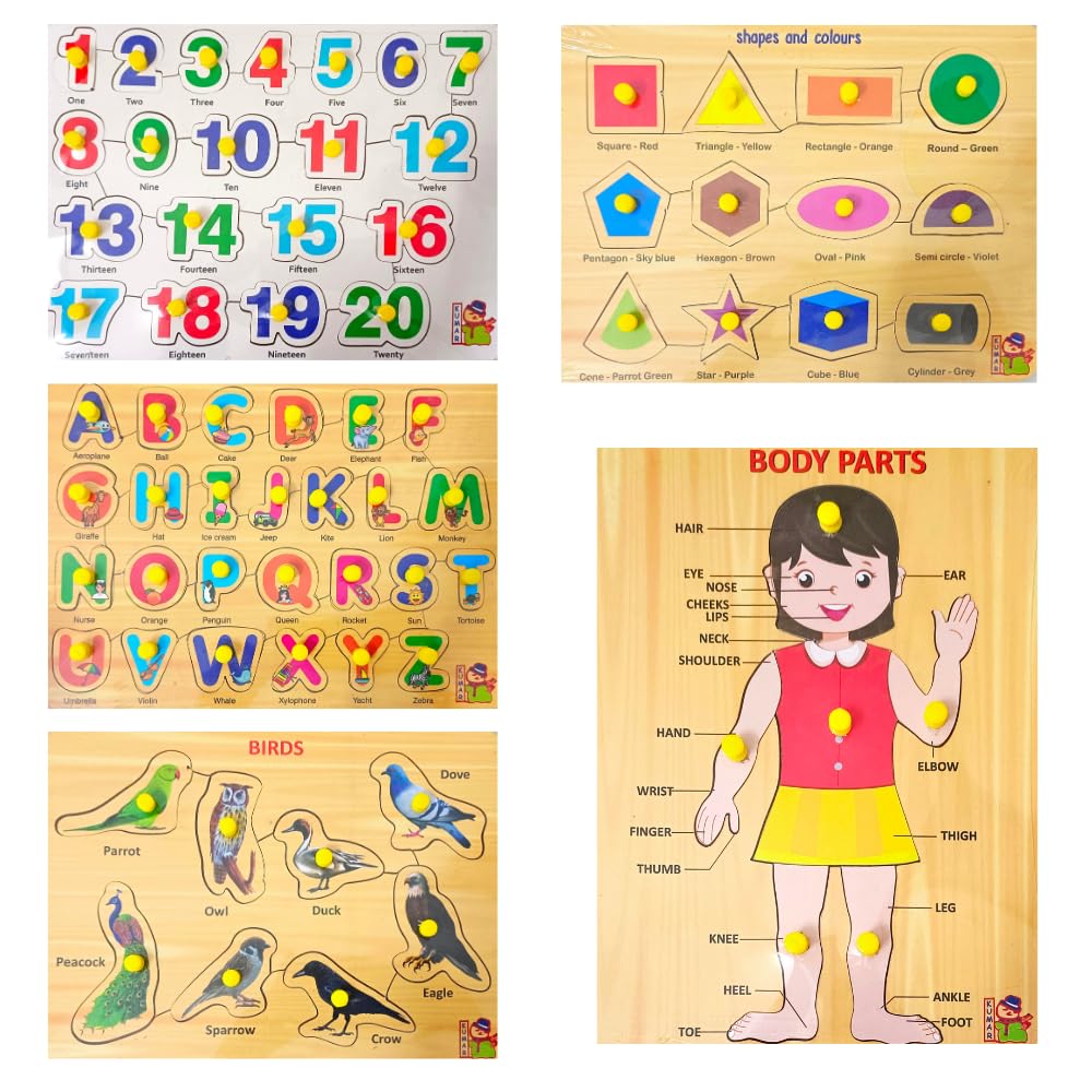 5-Piece Wooden Learning Puzzle Set for Kids & Adults - Number, Bird, Shape, Alphabet & Body Part Educational Toys | Montessori & Homeschooling STEM Activities for Toddlers 3+ Years