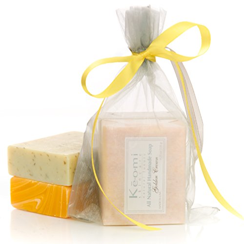 KEOMI NATURALS Organic Handmade Soap Gift Set - 2 Full-Size Aromatherapy Bars (Golden Crown & Green Tea Goddess) with Pure Essential Oils, Packaged in Elegant Organza Bag - Perfect for Spa Days, Self-Care Gifts & Eco-Friendly Home Use