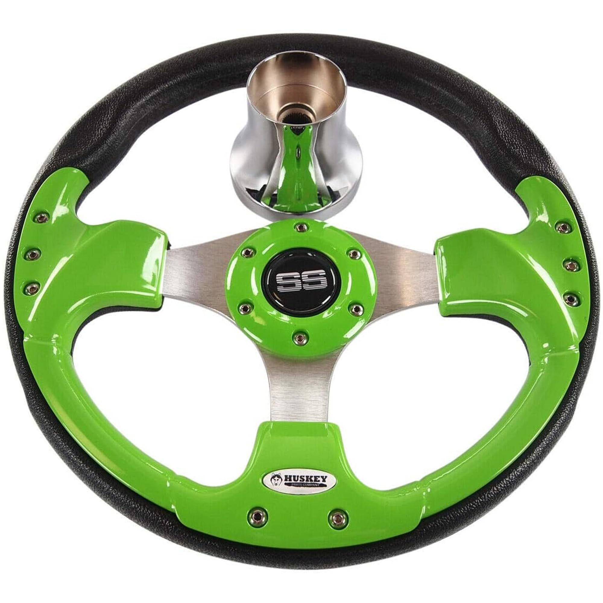 Huskey 12.5 Inch Lime Green Racing Style Golf Cart Steering Wheel - Compatible with Club Car DS Gas & Electric Models 1982 & Up - Classic Super Sport Logo, Brushed Aluminum Spokes & Anti-Slip Grip - Perfect for Golf Cart Upgrades, Customization & Enhanced Driving Experience