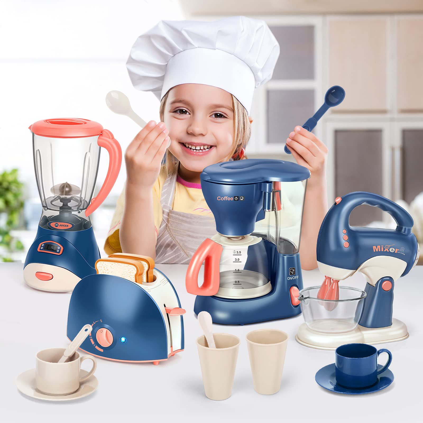 Kids Pretend Play Kitchen Appliances Toy Set - Realistic Coffee Maker, Blender, Mixer & Toaster with Lights & Sounds | Educational Role Play Toys for Children Ages 4-8 | Perfect for Birthday Gifts & Preschool Learning Activities