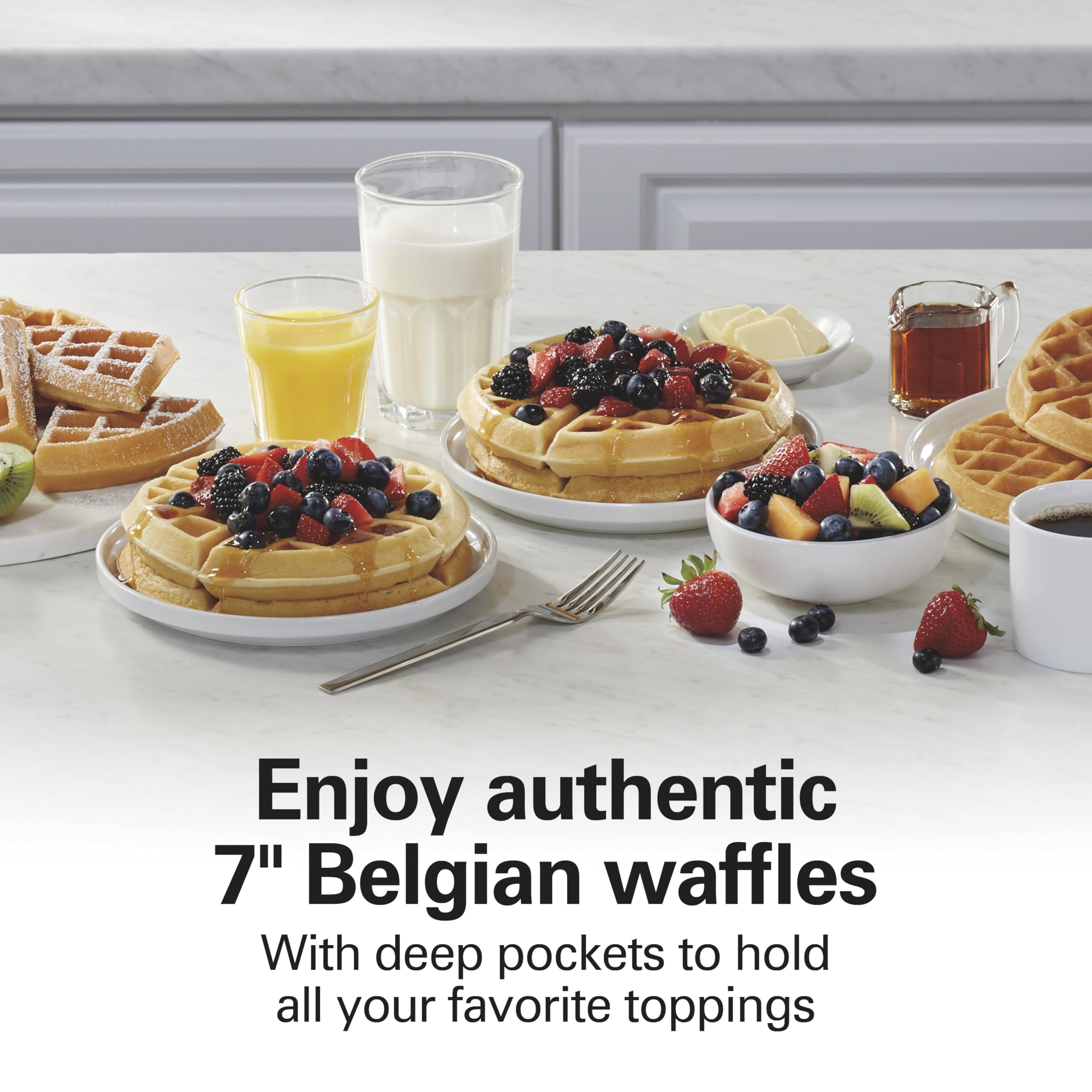 Hamilton Beach Belgian Waffle Maker - PFAS-Free Non-Stick Ceramic Coating, Adjustable Browning Control, LED Indicator Lights, Stainless Steel Design (Model 26081) - Perfect for Breakfast, Brunch, and Family Gatherings