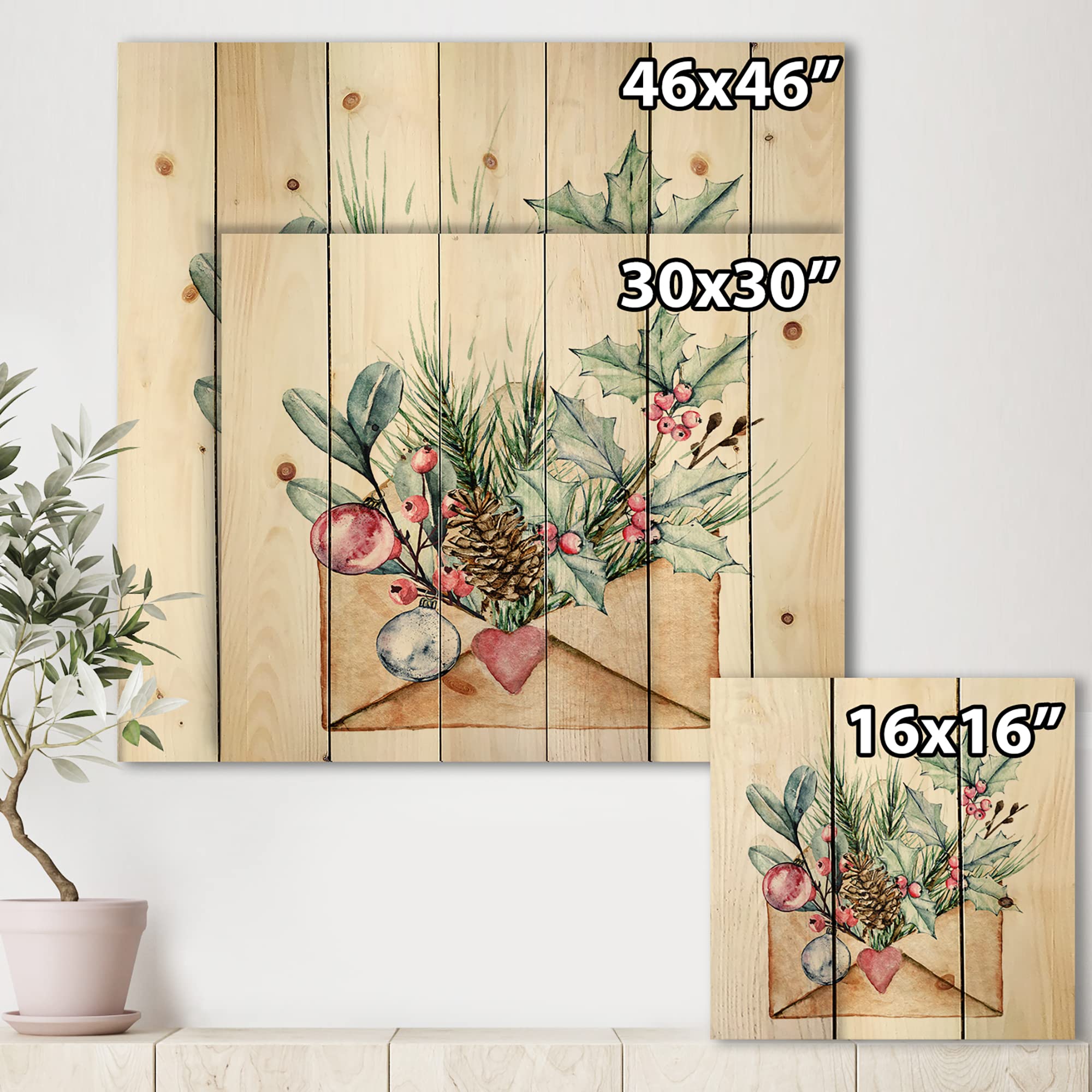 DesignQ Merry Christmas Greeting Card - Traditional Wood Wall Decor, Green Wood Wall Art, Large Floral Wood Panel Printed on Natural Pine - Perfect for Holiday Home Decor, Christmas Gifts & Festive Wall Art