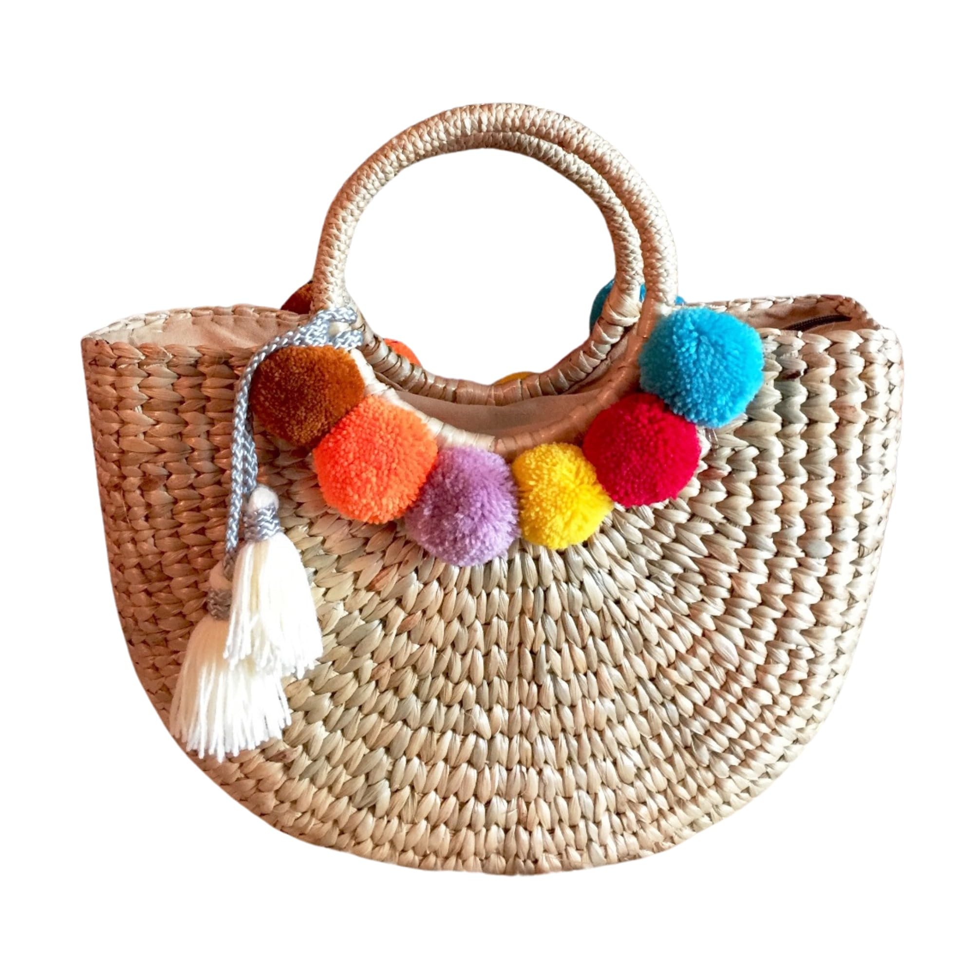 Stylish Pom Pom Straw Tote Bag for Women - Beach Basket Bag, Summer Straw Handbag for Outings, Picnics & Vacation Travel Accessories