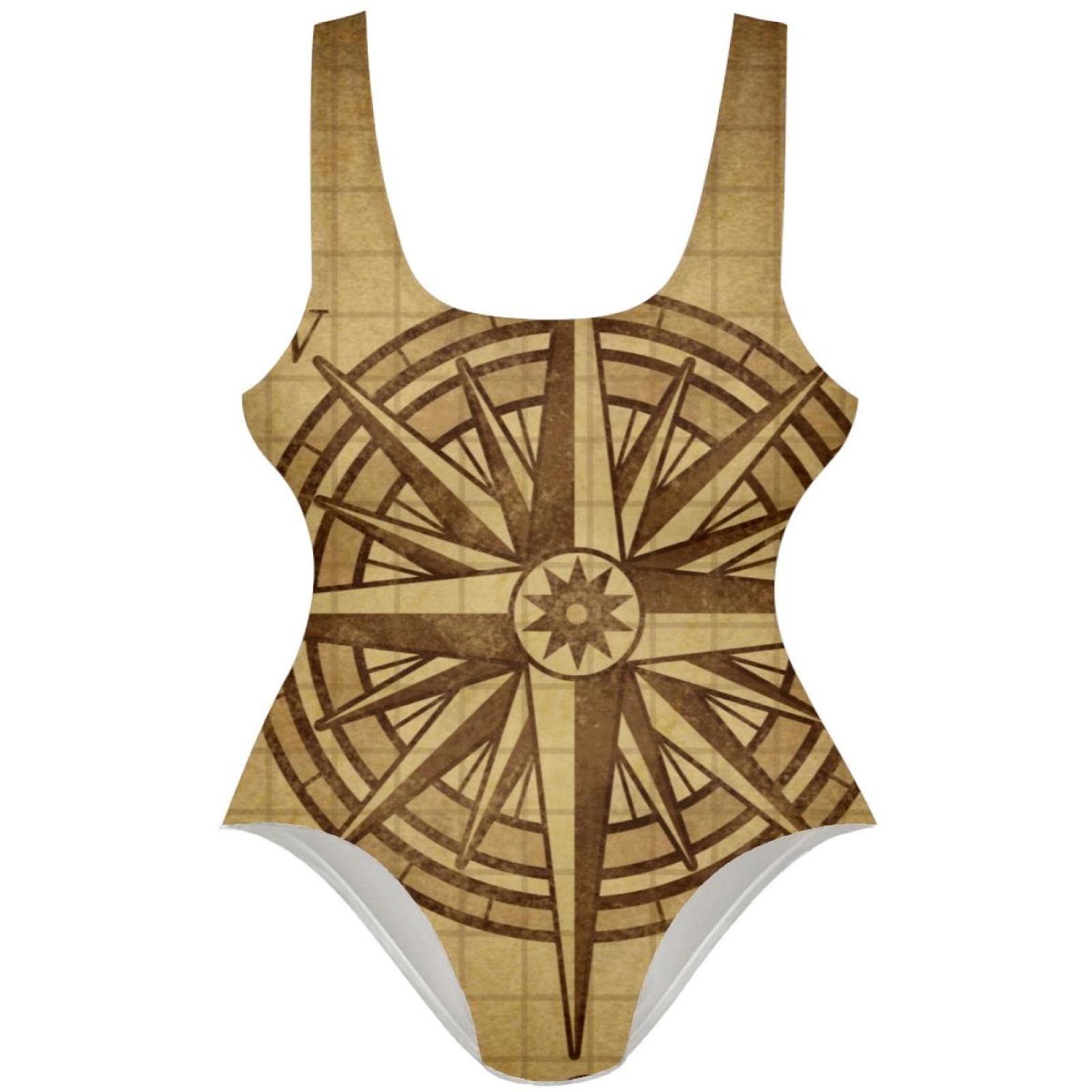 Vintage Compass Print One Piece Swimsuit for Women - U Back Bathing Suit with Adjustable Straps | Perfect for Beach Vacations, Pool Parties & Summer Getaways