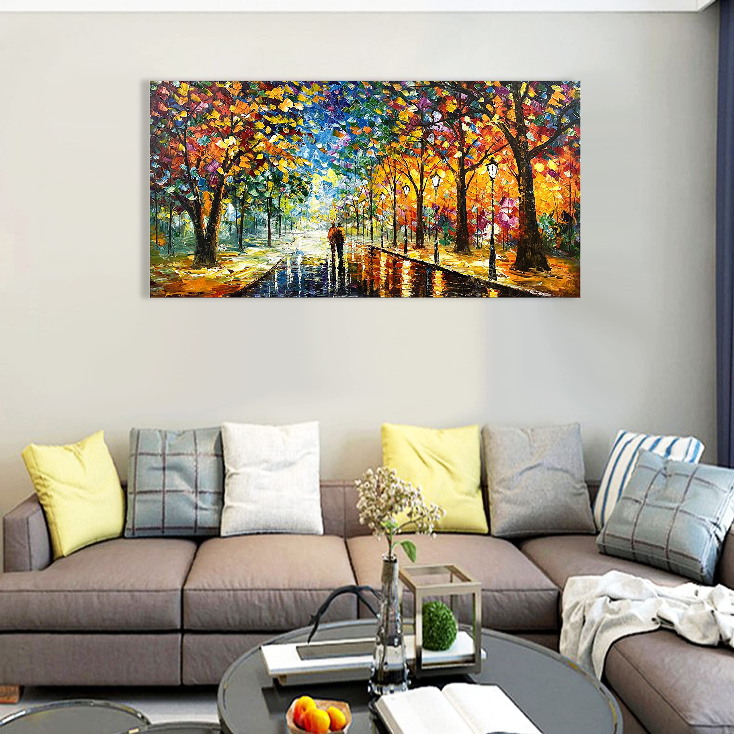 Hand-Painted Modern Park Landscape Oil Painting on Canvas - Contemporary Abstract Wall Art Decor 24x48 Inch - Perfect for Living Room, Bedroom & Office Decorations