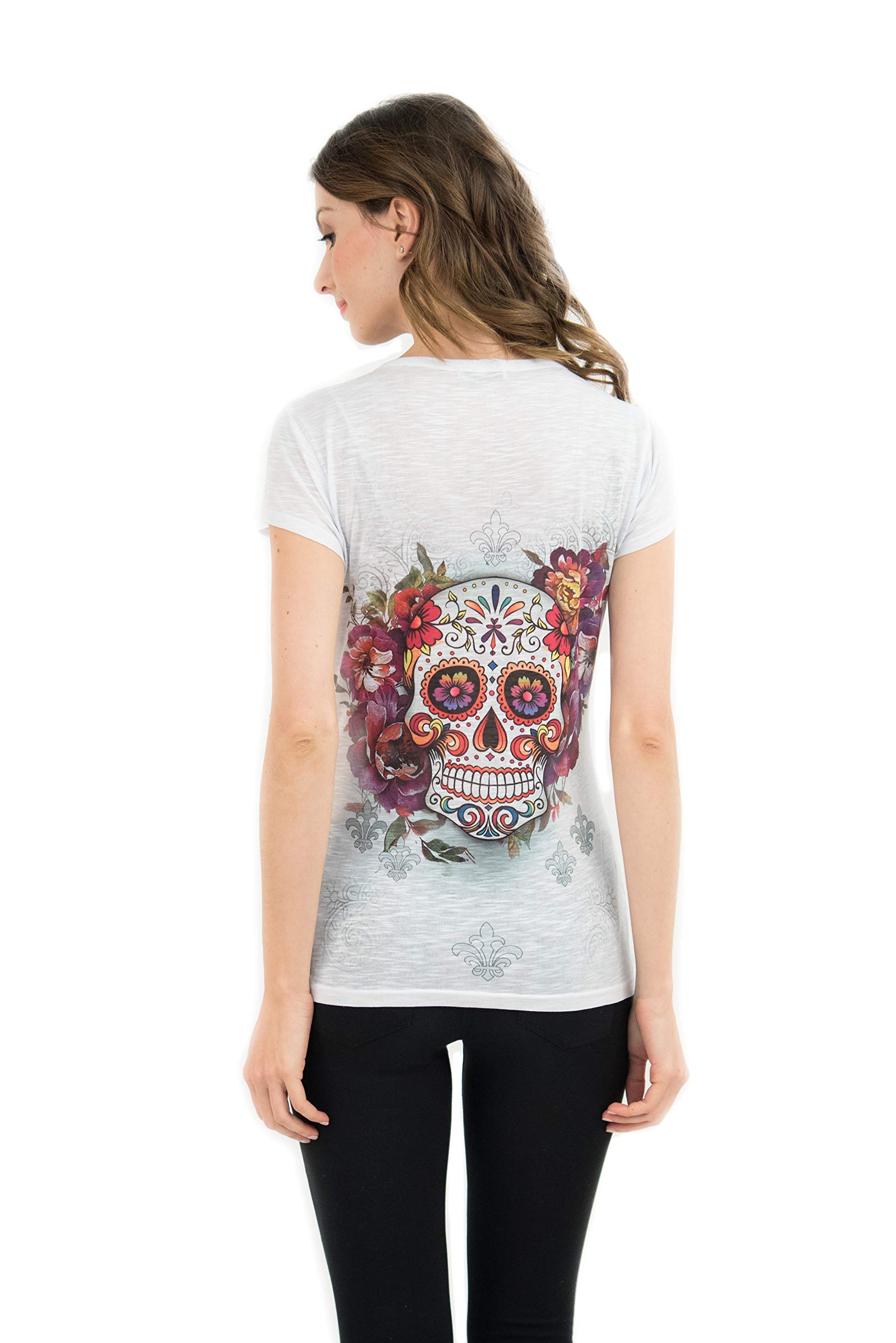 USA Made Women's Sugar Skull V-Neck T-Shirt - Rhinestone Decorated Premium Quality Tee for Halloween, Dia de Los Muertos & Gothic Fashion