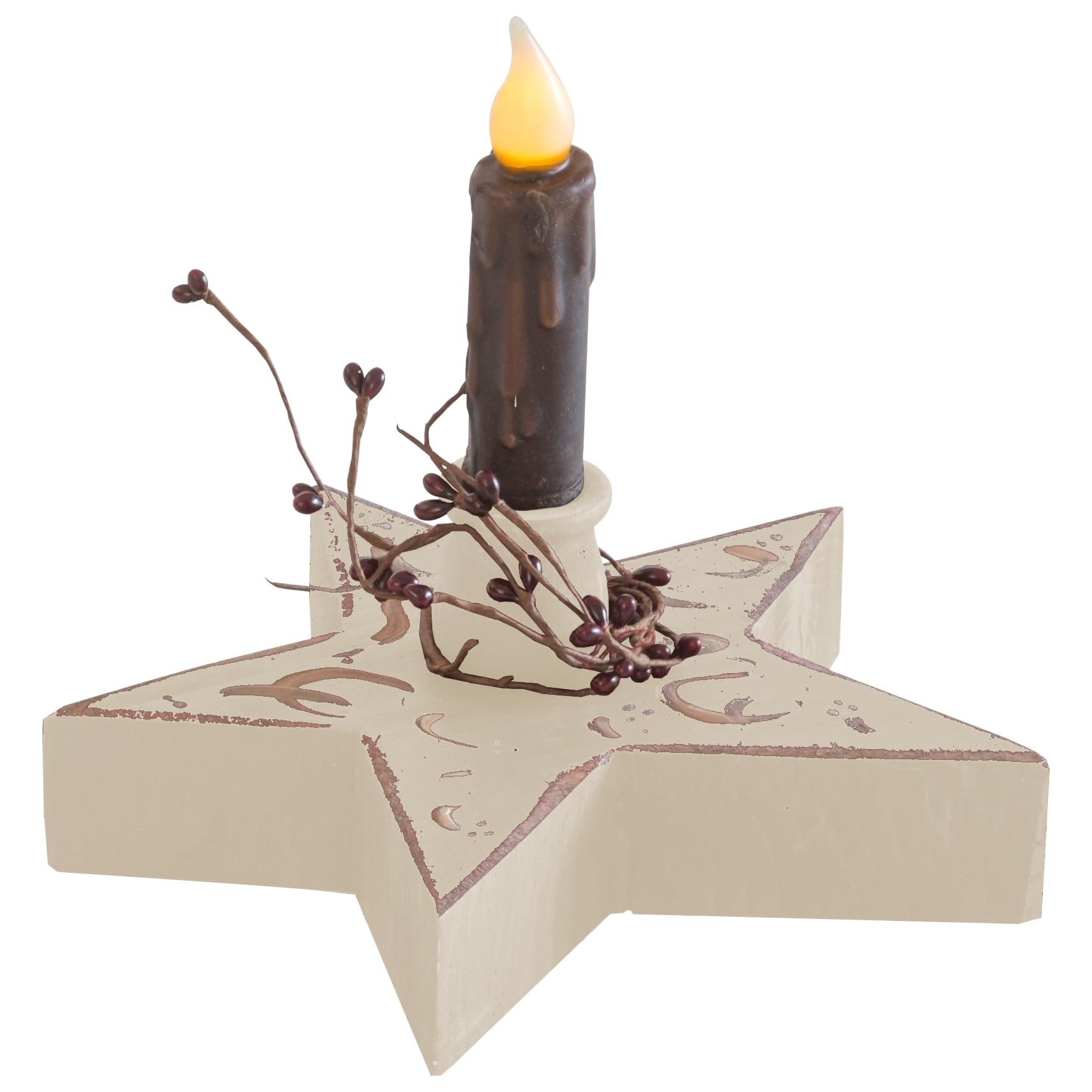 Vintage Farmhouse Star Candle Holder with LED Flameless Candle - Antique White Home Decor for Christmas, Wedding, and Cozy Living Room Ambiance