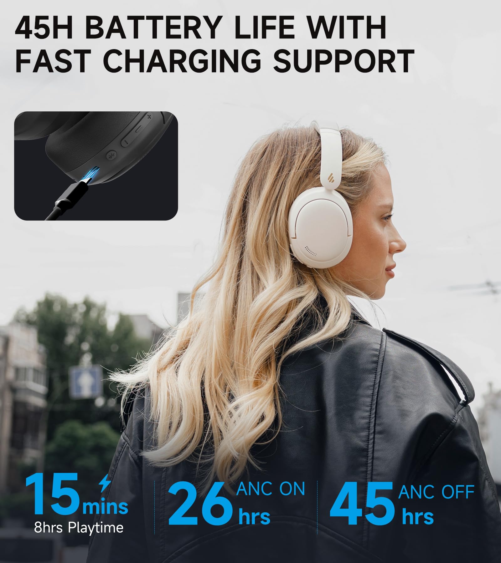 Edifier W800BT Pro Hybrid Active Noise Cancelling Wireless Headphones - Hi-Res Audio, AI Call Noise Reduction, 45H Battery Life, Fast Charging, Foldable Design, Bluetooth 5.4 Over-Ear Headset (Ivory) - Perfect for Travel, Work, and Home Entertainment