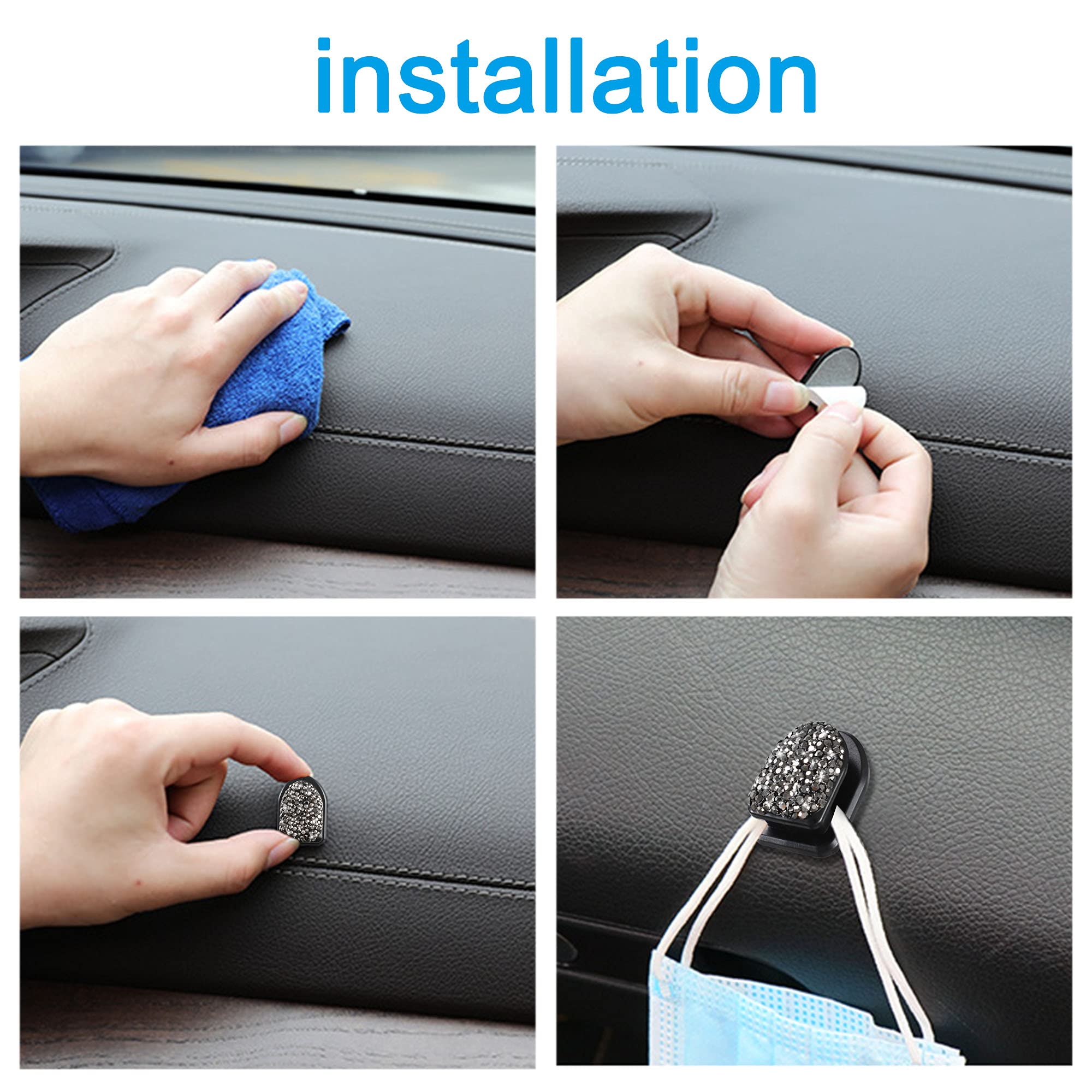 WINKA Bling Car Hooks 4pcs - Crystal Dashboard Hooks for Keys, Sunglasses & More - Universal Car Accessories with Diamond Design (Gray) - Perfect for Organizing Your Car Interior & Keeping Essentials Handy