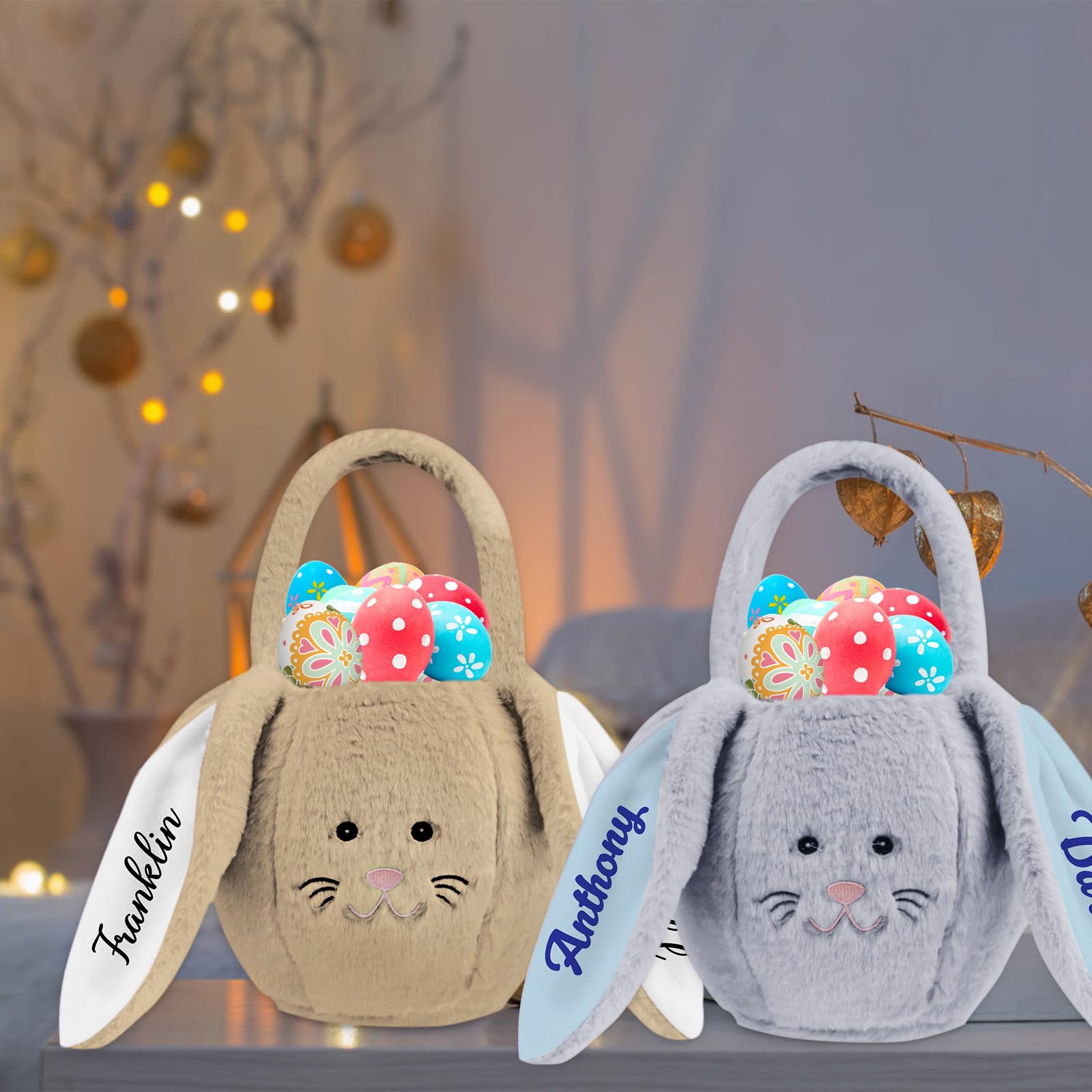Personalized Easter Basket with Handle - Custom Name Easter Plush Bunny Ear Gift Bag for Boys & Girls (Pink) - Perfect for Easter Egg Hunts, Spring Celebrations & Holiday Gifting