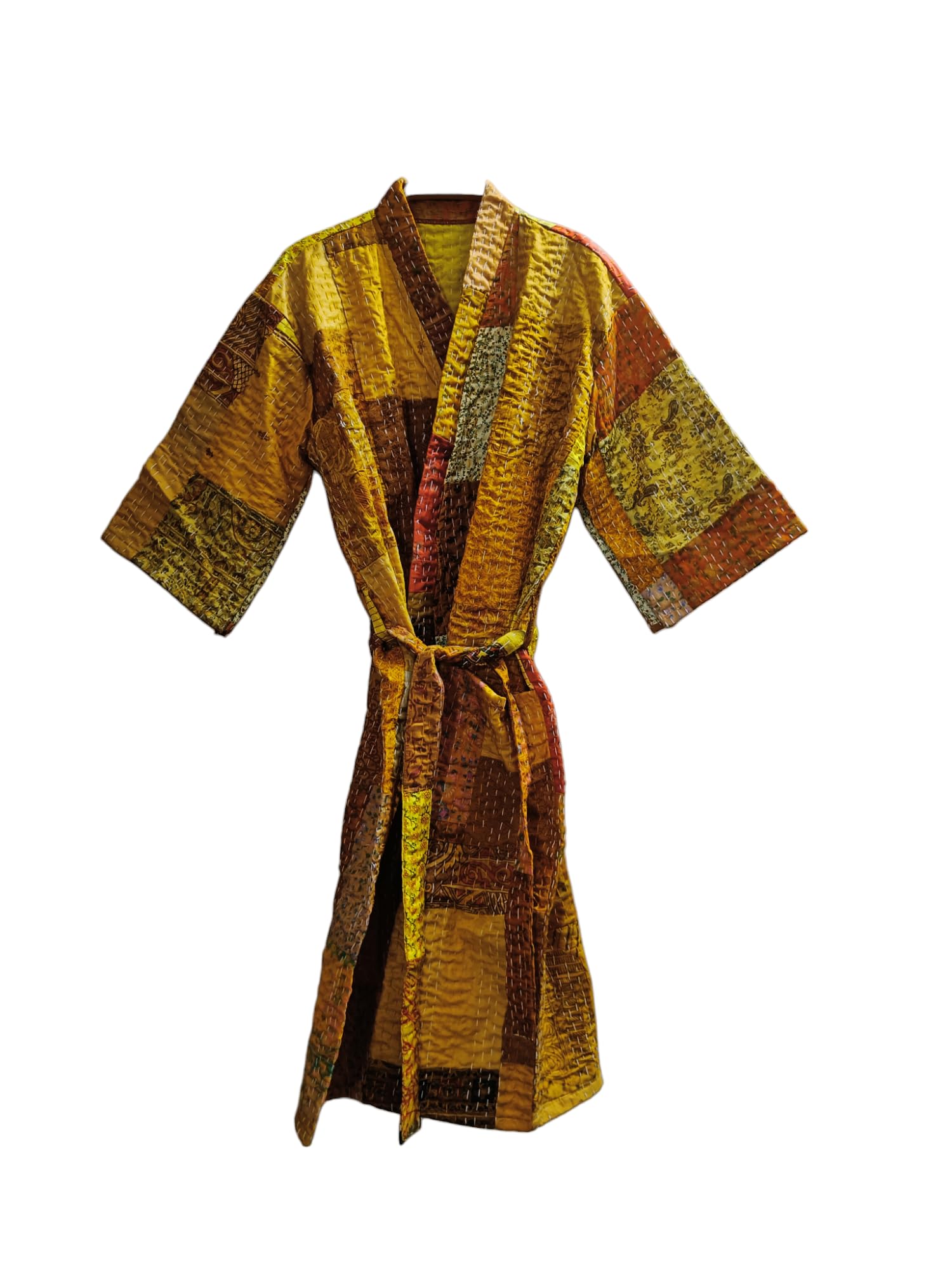 Rajbhoomi Women's Handmade Silk Patola Kantha Quilted Kimono Robe - Elegant Patchwork Overcoat Jacket for Lounge Wear & Special Occasions