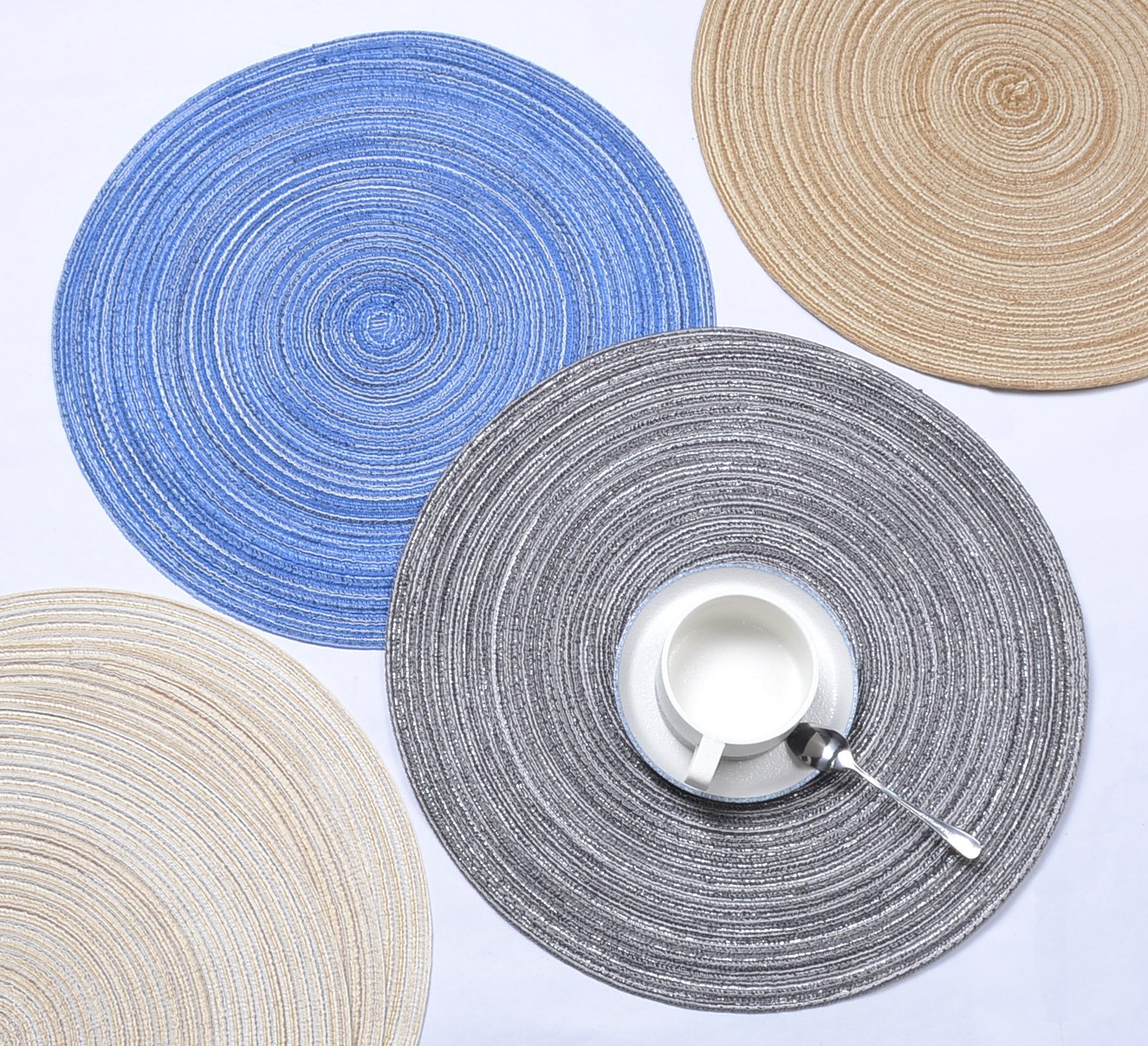 6-Pack Round Braided Placemats - 15 Inch Washable Table Mats for Kitchen & Dining - Blue Home Decor - Perfect for Everyday Use, Dinner Parties, and Holiday Gatherings