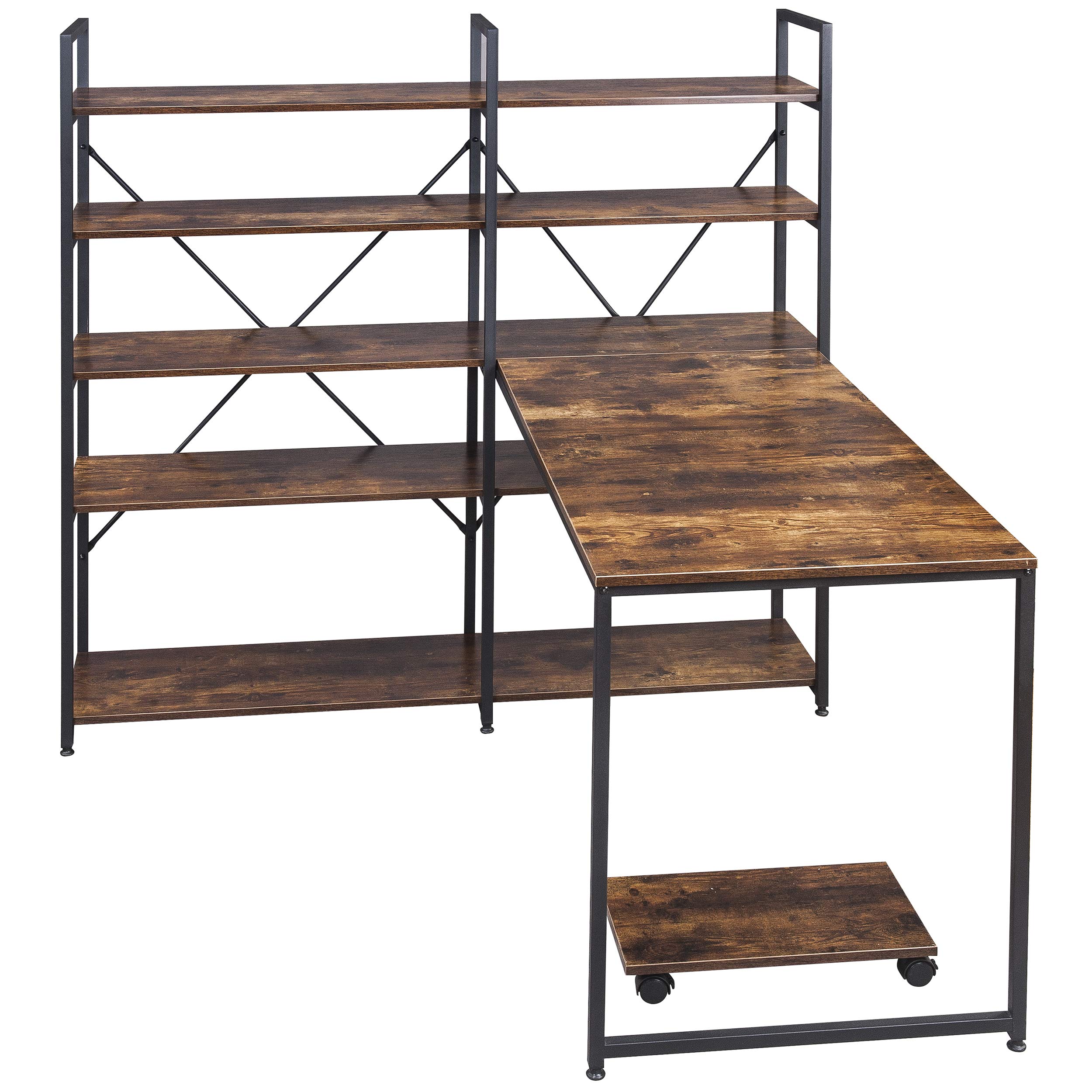 Industrial L-Shaped Computer Desk with 5-Tier Bookshelf - Sturdy Metal Frame & MDF Top - Spacious Workstation for Home Office, Gaming Setup or Dorm Room - Perfect for Remote Work, Online Classes & Small Spaces